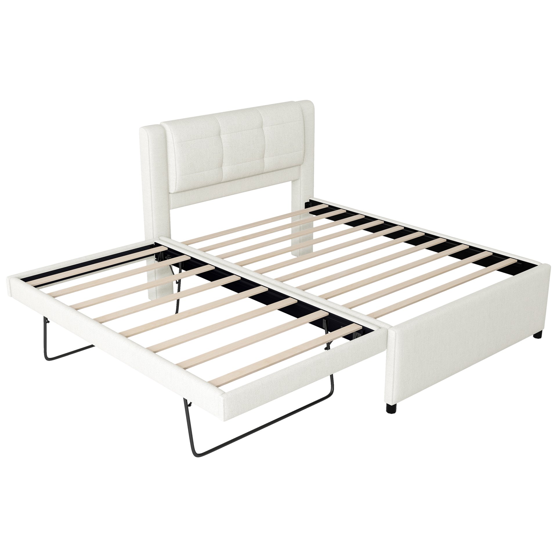 Full Size Upholstered Platform Bed With Adjustable Trundle - Beige - Image 8
