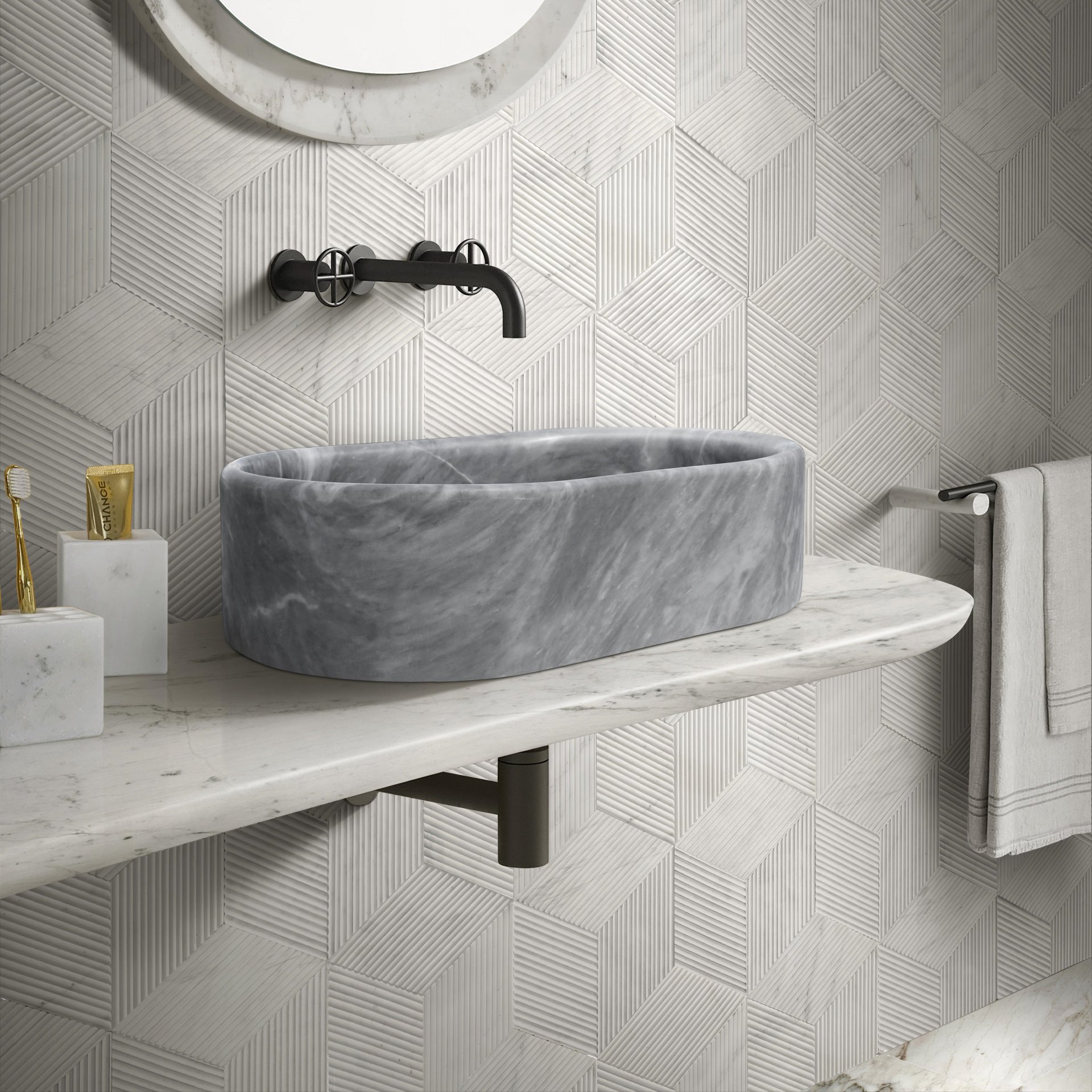 Vessel Sink, Semi Polished Surface, Genuine Real Marble, Oval Shape - Gray - Image 5