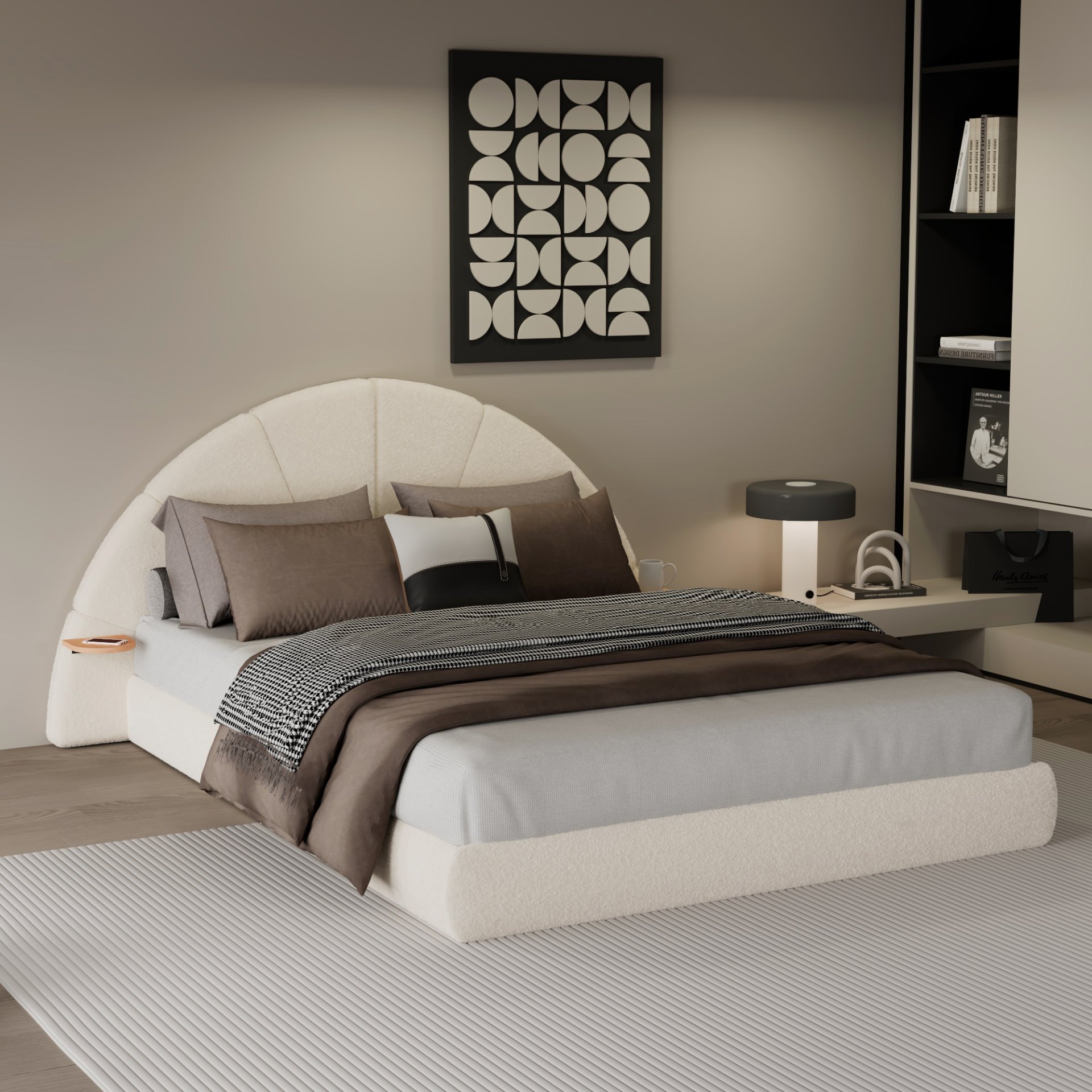 Queen Arched Bed With Small Table, Floor Standing Design - Beige - Image 2