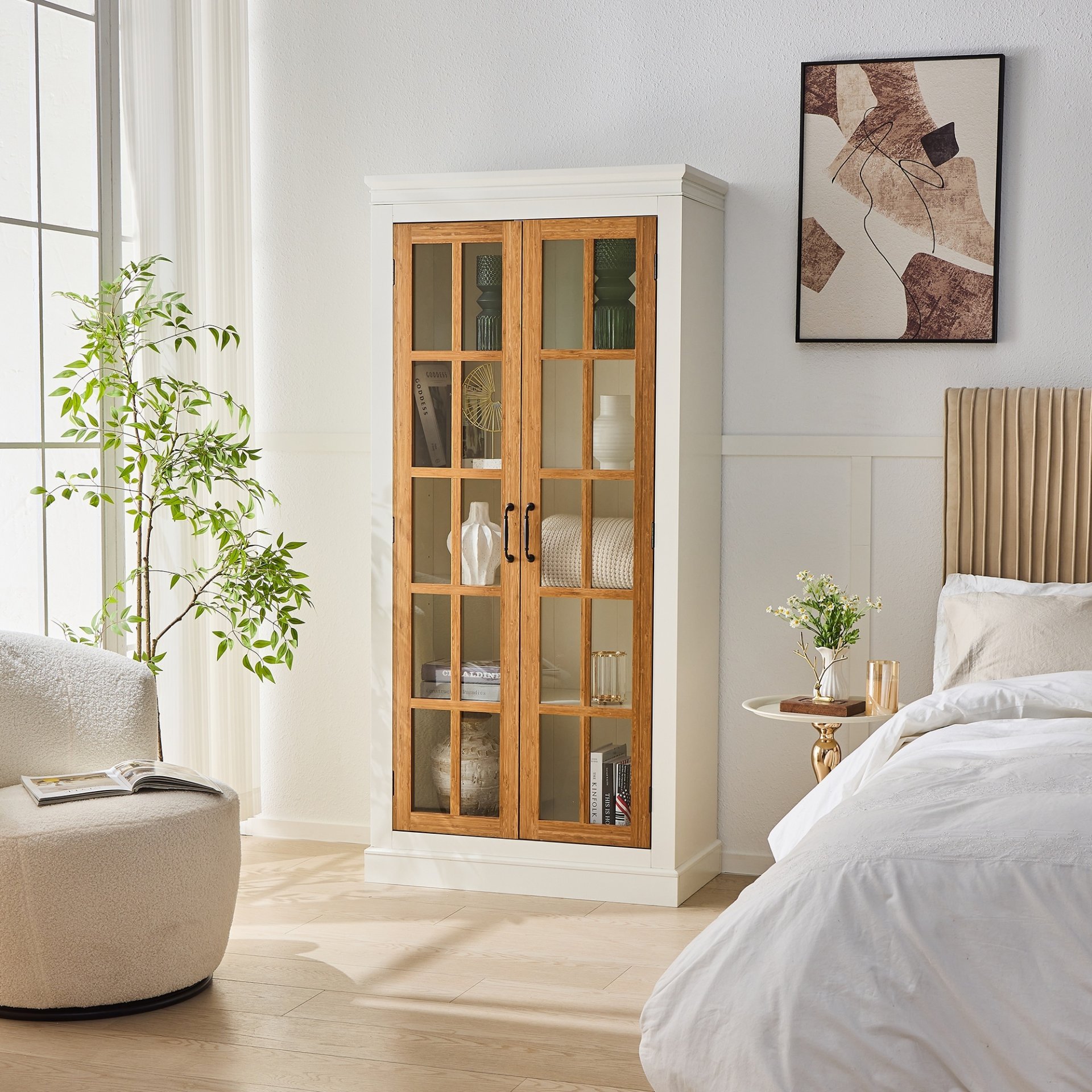 Rustic Style Display Cabinet With Glass Doors For Collectibles & - Brown / Cream White - Image 7