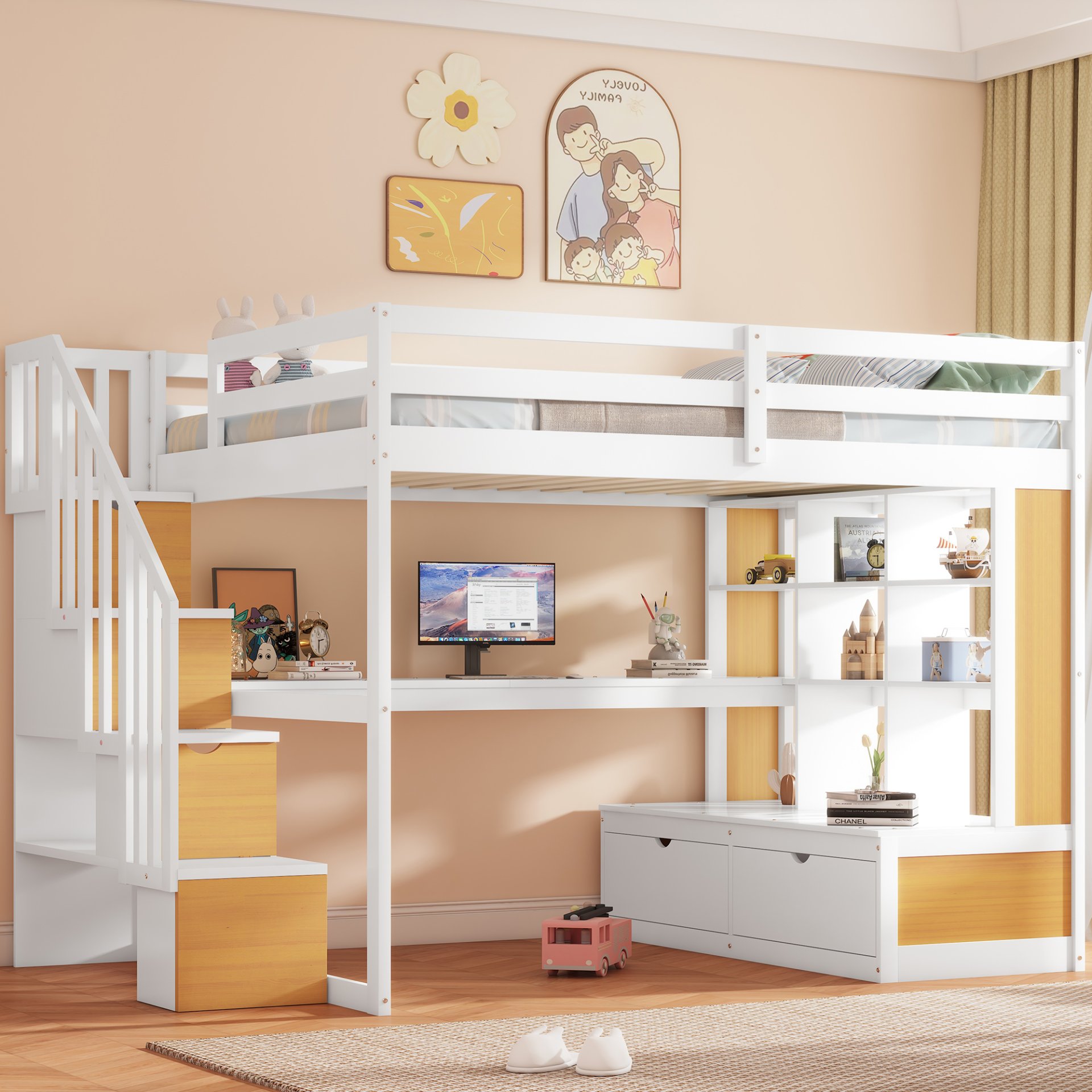 Full Size Loft Bed With Desk And Shelves, 2 Built In Drawers, Storage Staircase - Natural / White - Image 2
