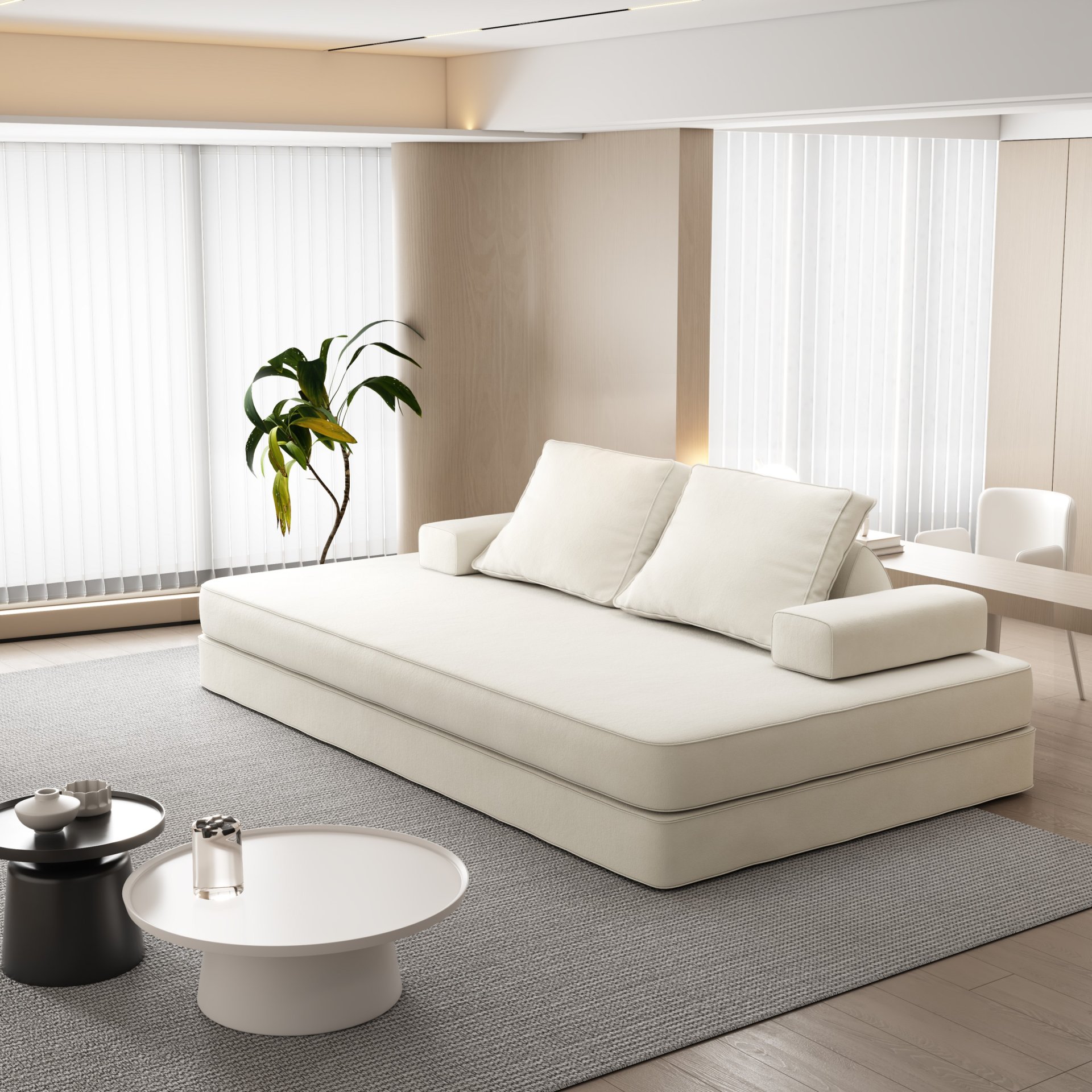 Multifunctional Convertible Sofa Bed With 2 Tumbler Backrests And 2 Pillows, Diy Modern Upholstered Couch - Beige - Image 9