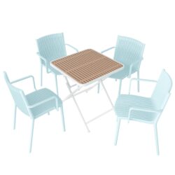 4 Stackable Plastic Armchair Matched With Folding Square Table - Khaki / Light Blue / White