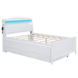 Full Size Platform Bed With Storage LED Headboard, Twin Trundle And 3 Drawers - White