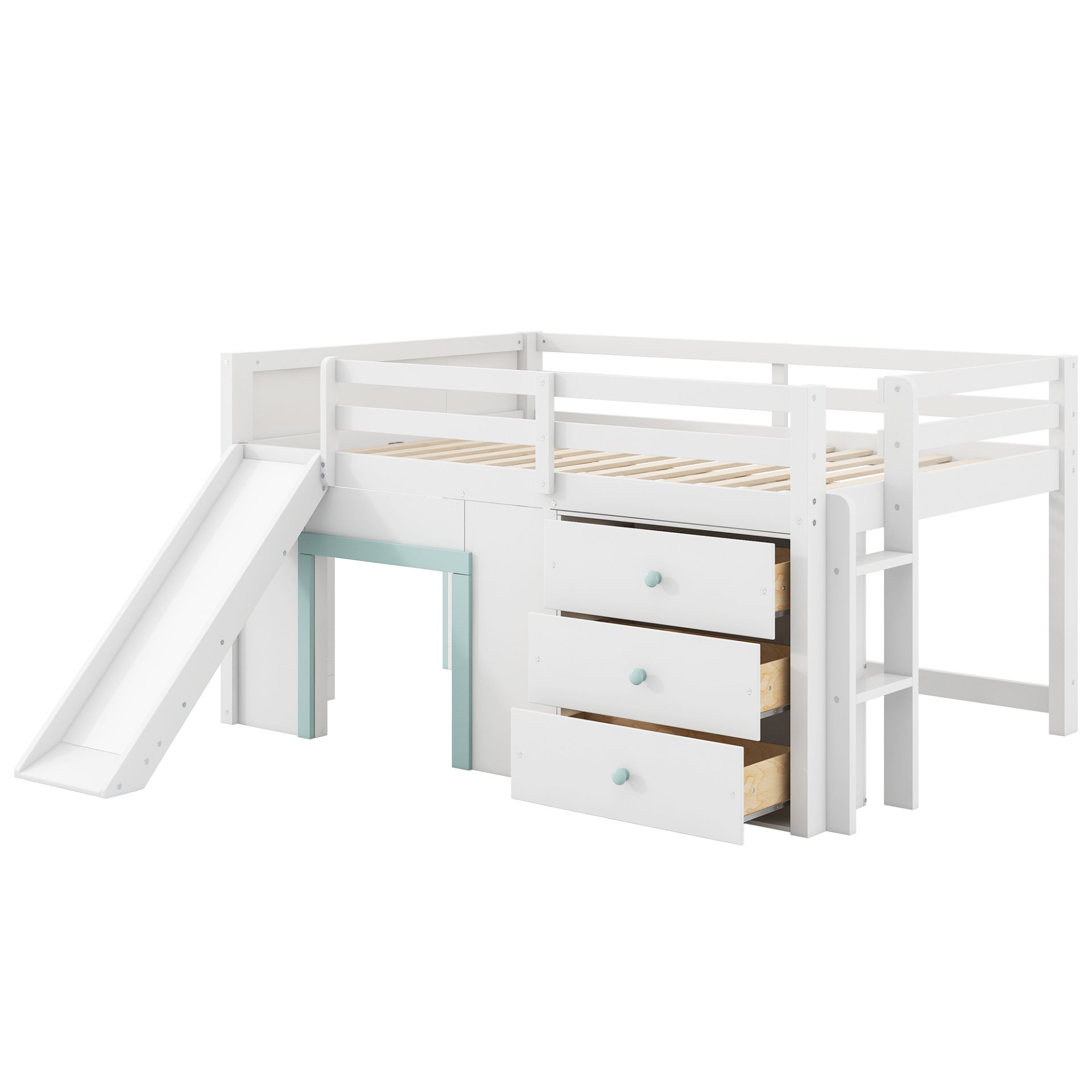 Full Size Low Loft Bed With Slide, Three Storage Drawers, And 2 Doors - White - Image 11