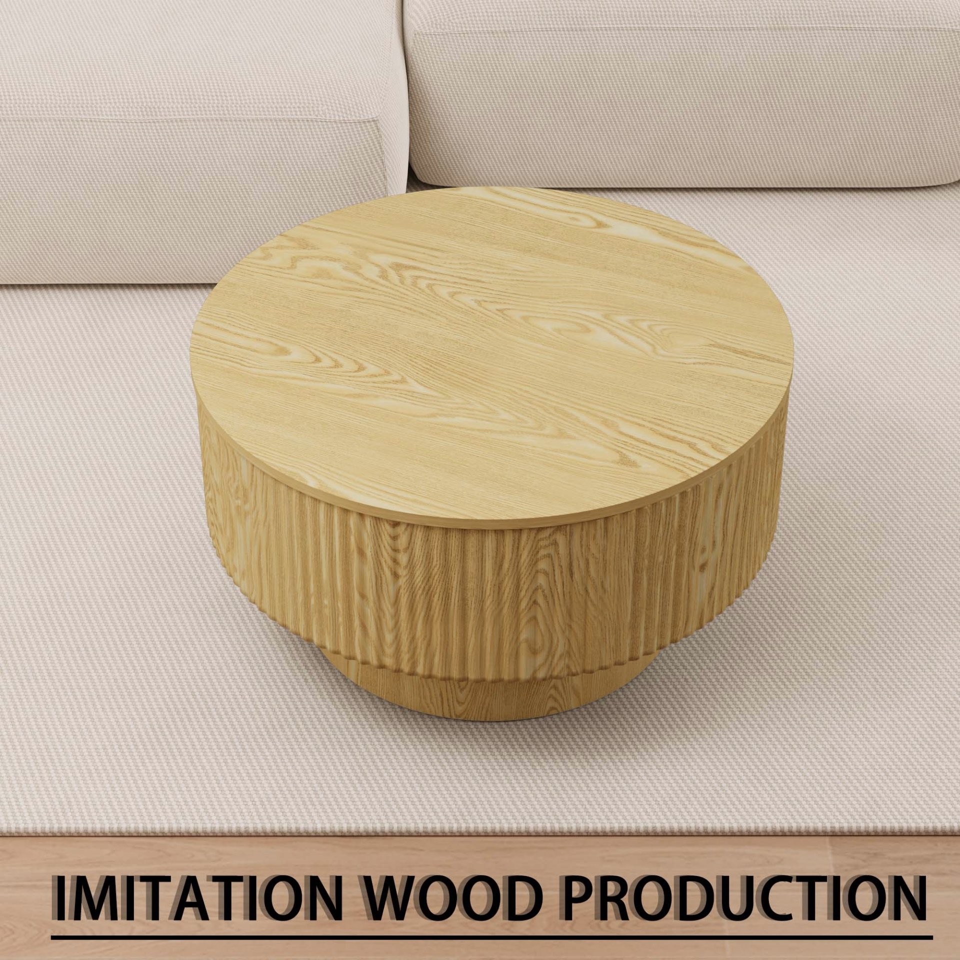 Circular Coffee Table With Stripe Design And Storage Space - Natural Wood - Image 9