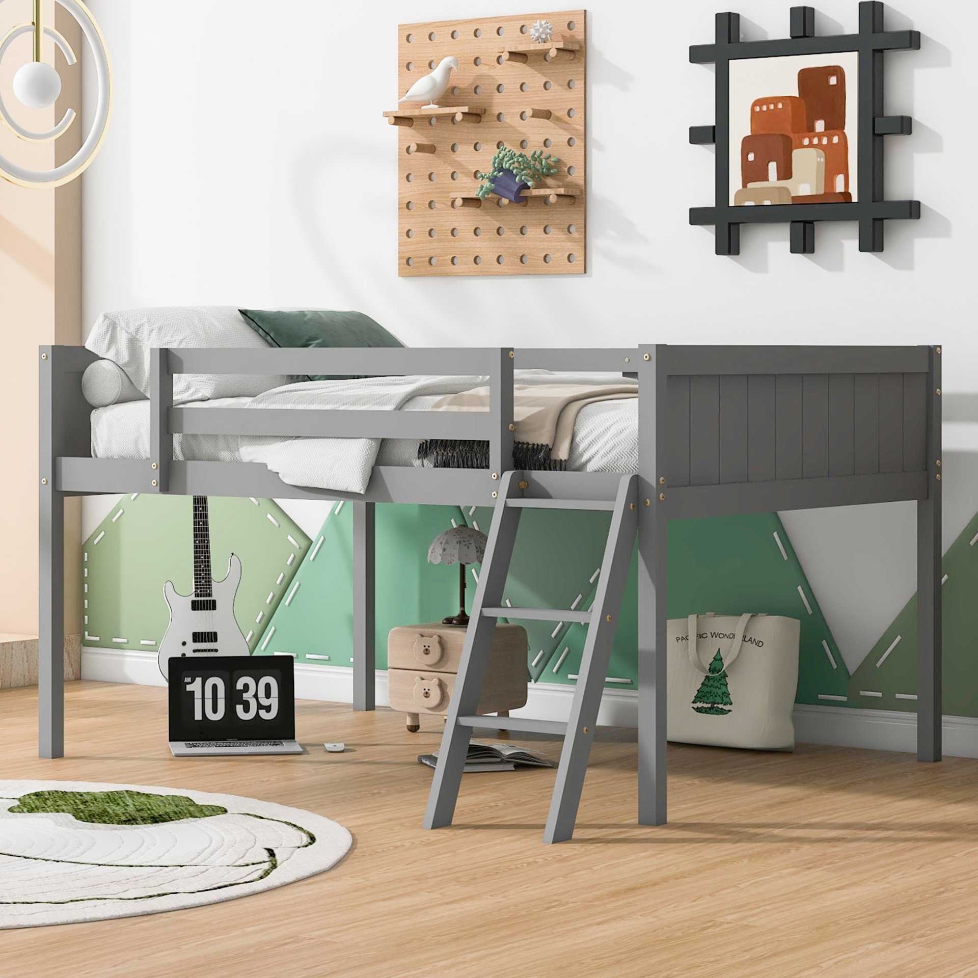 Full Size Low Loft Bed With Adjustable Ladder - Gray - Image 4