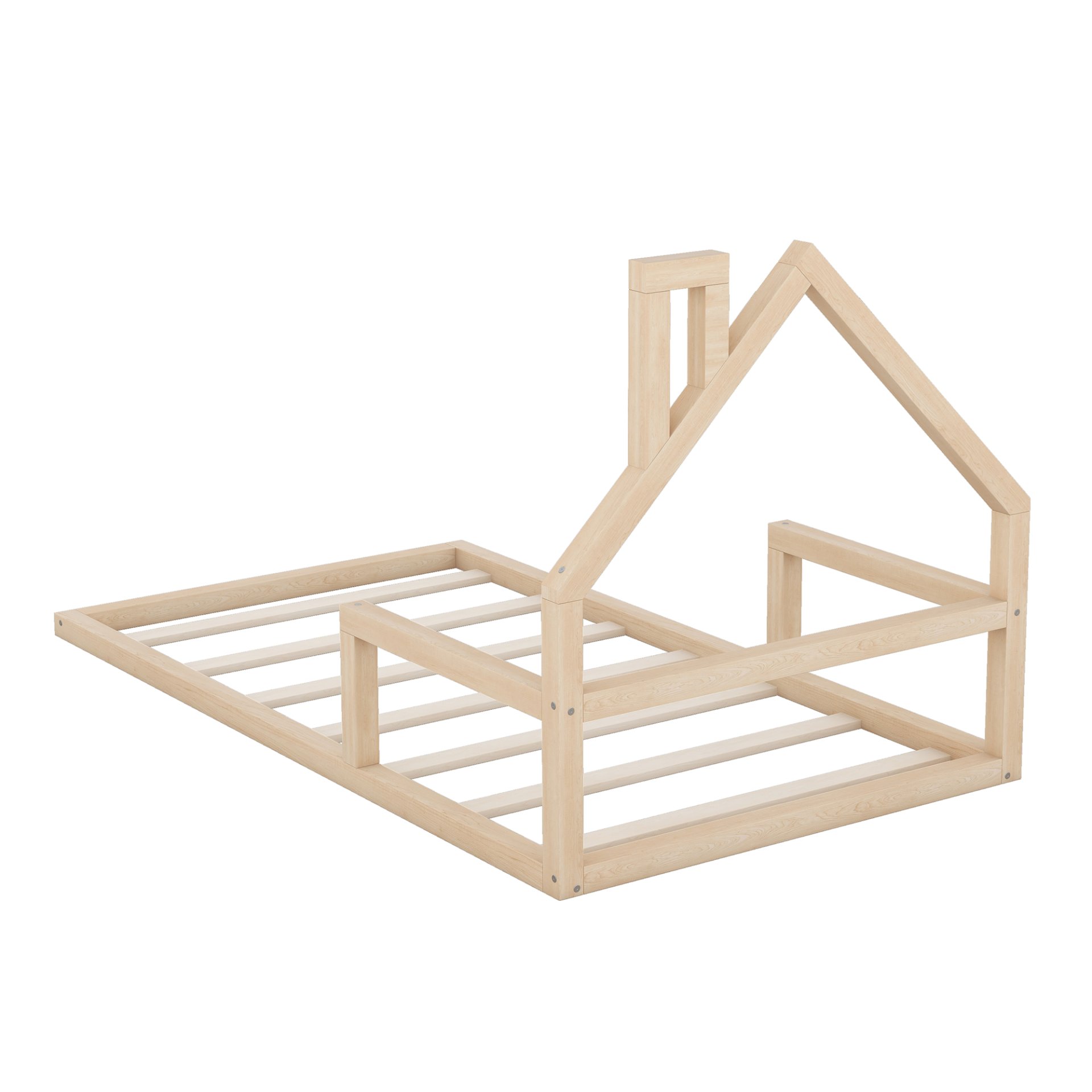Twin Size Floor Bed With House Shaped Headboard - Natural - Image 7