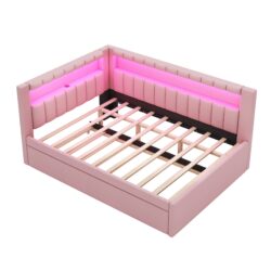Full Size Upholstered Platform Bed With USB Ports, LED Belt And Trundle - Pink