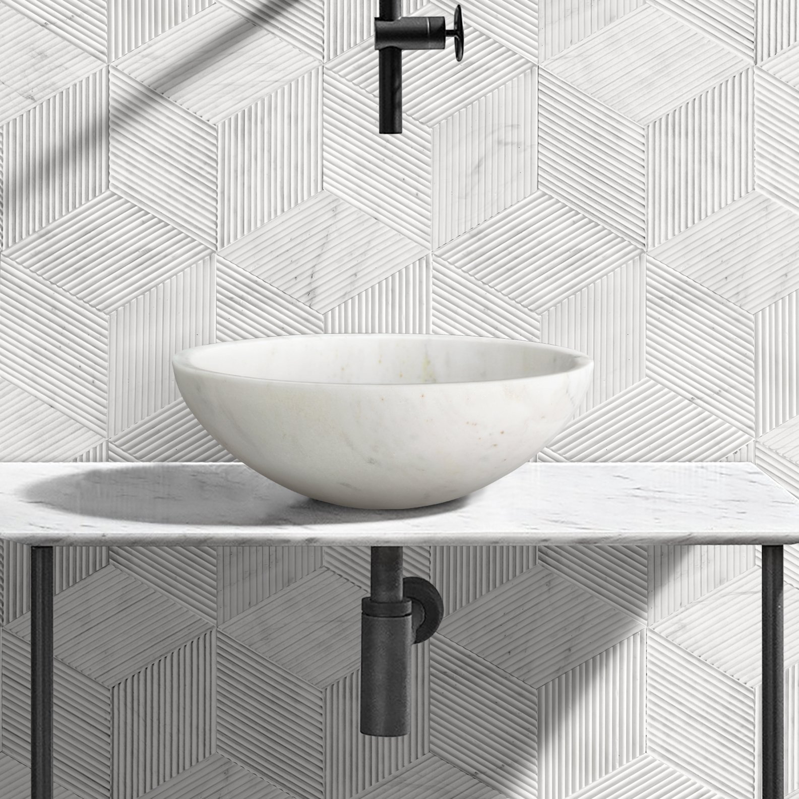 Bathroom Vessel Sink, Semi Polished Surface, Genuine Real Marble - White / Natural - Image 3