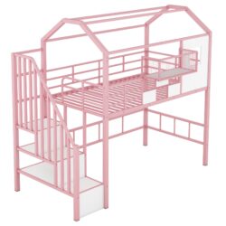 Loft Bed With Roof Design And Storage Box, Twin, Frame With Guardrails And Integrated Ladder - Pink