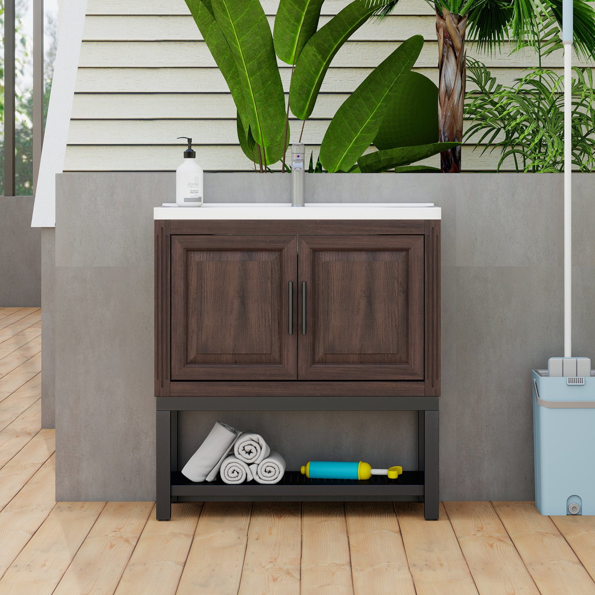 Modern Freestanding Bathroom Vanity With White Ceramic Sink, Hot And Cold Faucet, 2 Door Cabinet & Open Iron Shelf, Magnesium Oxide And Iron Frame - Walnut - Image 2