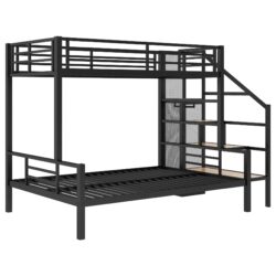 Twin Over Full Bunk Bed With Storage Staircase And Open Wardrobe - Black