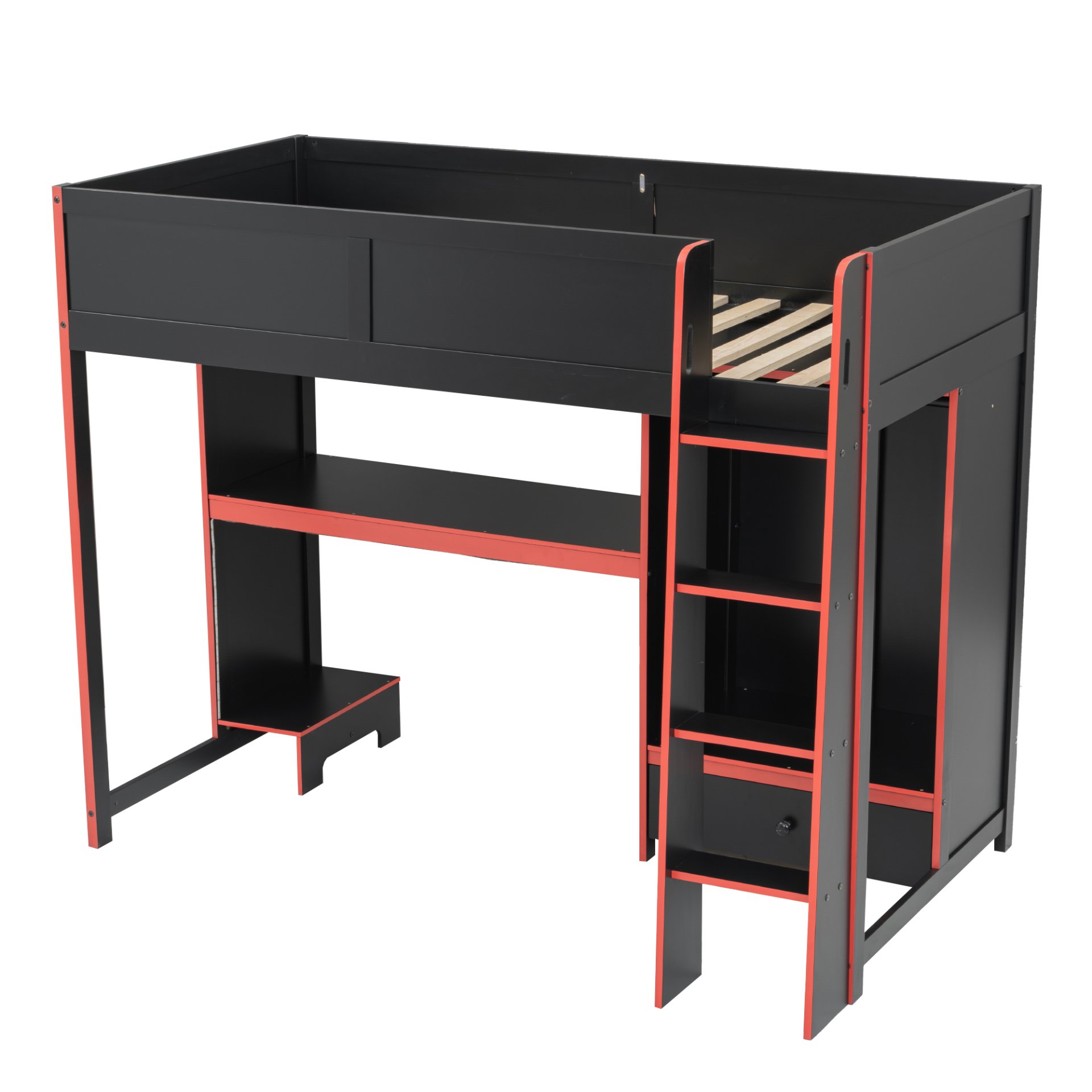 Twin Size Gaming Loft Bed With Built In Desk, Wardrobe, LED Lighting And Drawer - Black - Image 6