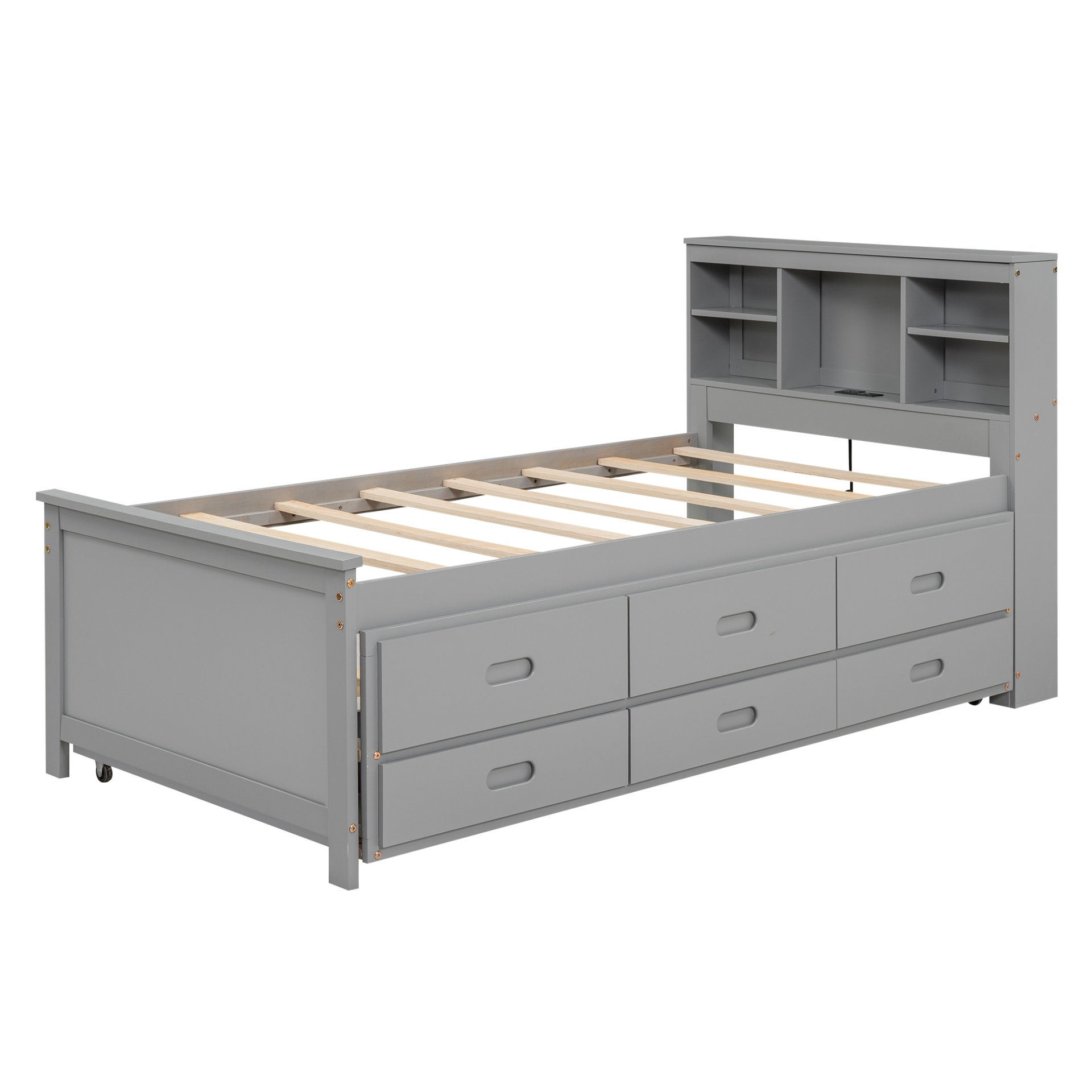 Twin Size Platform Bed With Storage Headboard, USB, Trundle And 3 Drawers - Gray - Image 14
