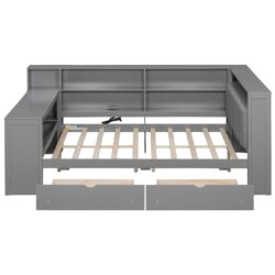 Full Size Platform Bed With Upholstered Headboard, Storage Shelves, Drawers, Charging Station, LED Lighting, Built In Desk - Gray