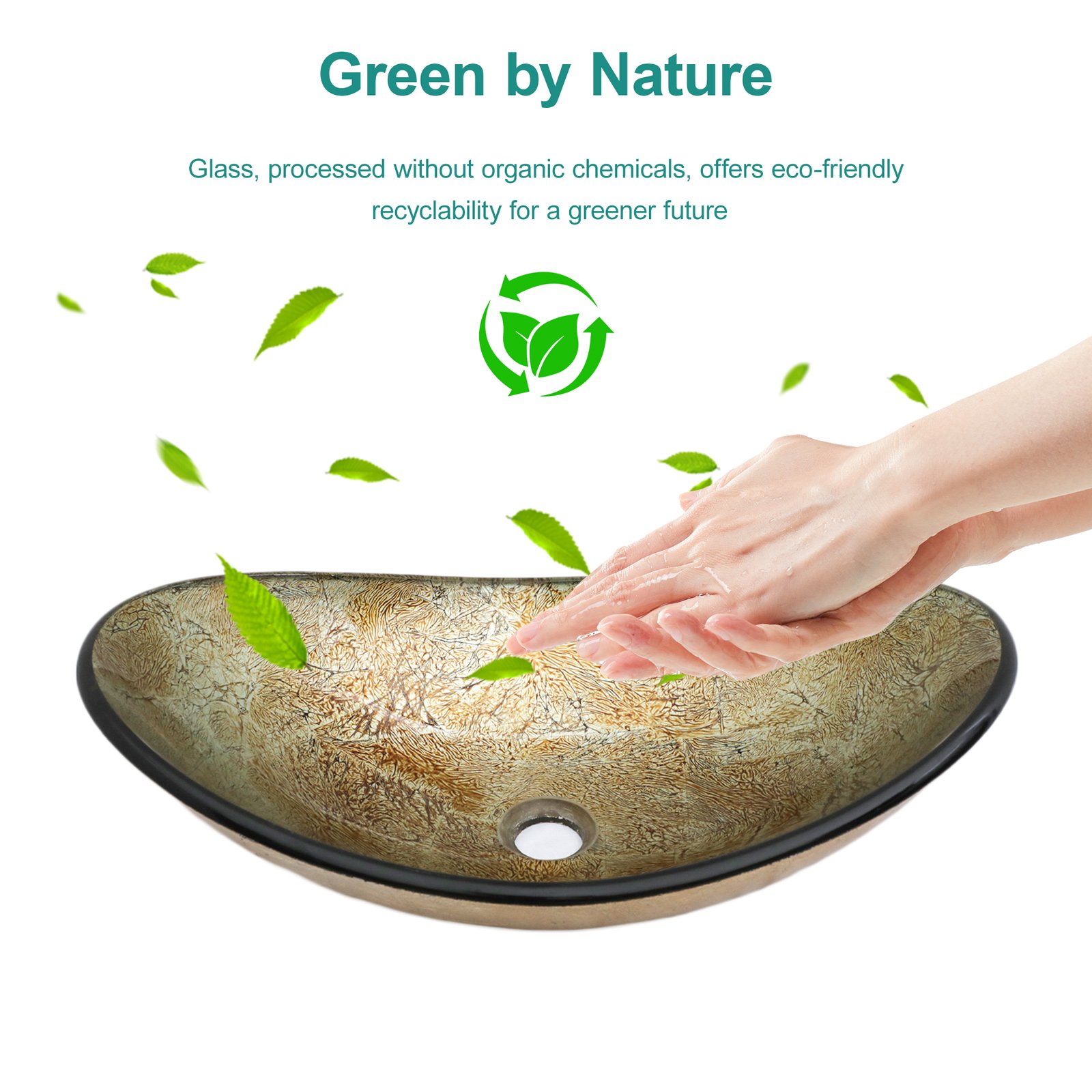 Vessel Sink With Chrome Pop Up Drain, Boat Shape Bathroom Sink Above Counter - Gold - Image 4