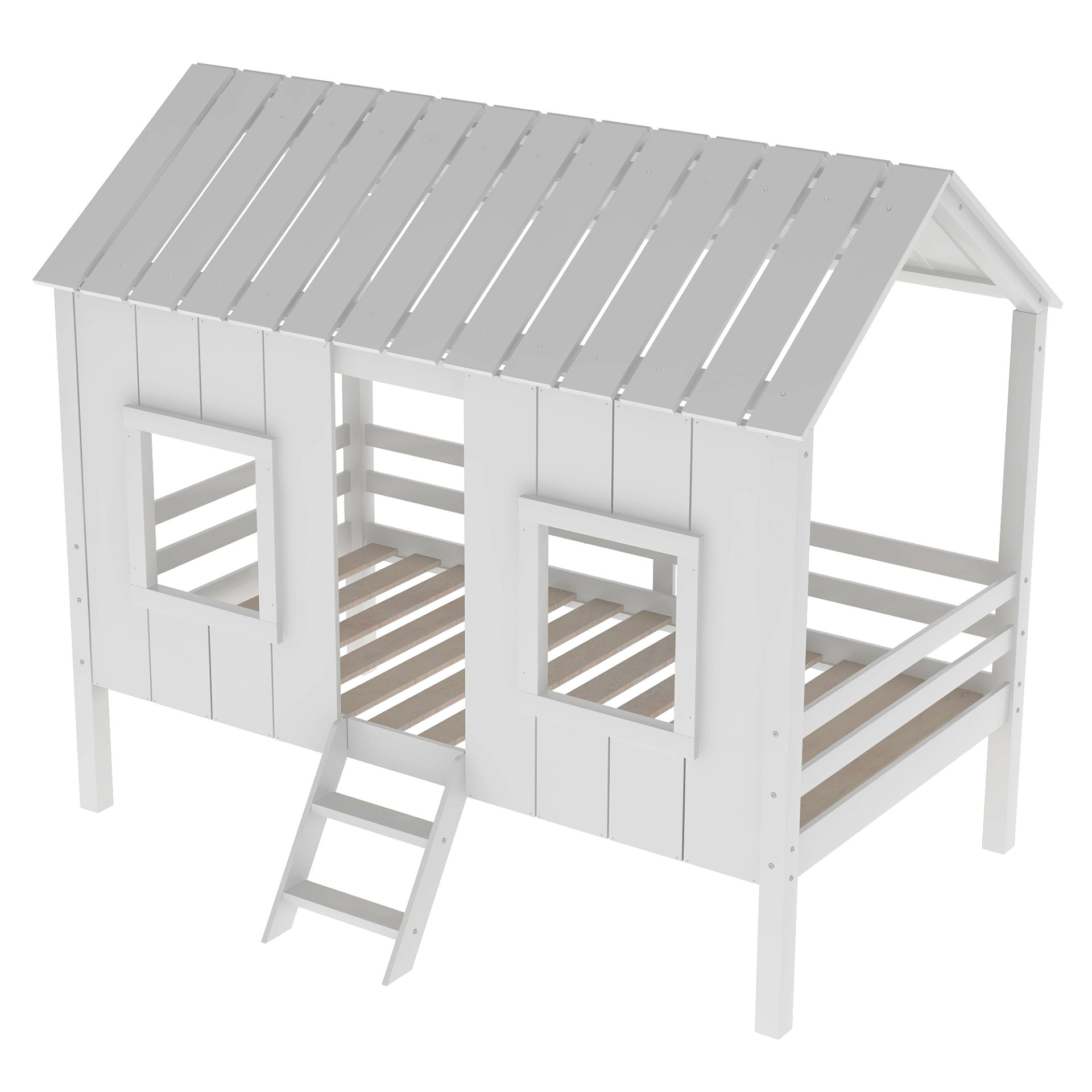 Twin Size Low Loft House Bed With Roof And 2 Front Windows - White - Image 9