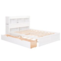 Full Size Storage Platform Bed With Pull Out Shelves, Twin Trundle, And 2 Drawers - White