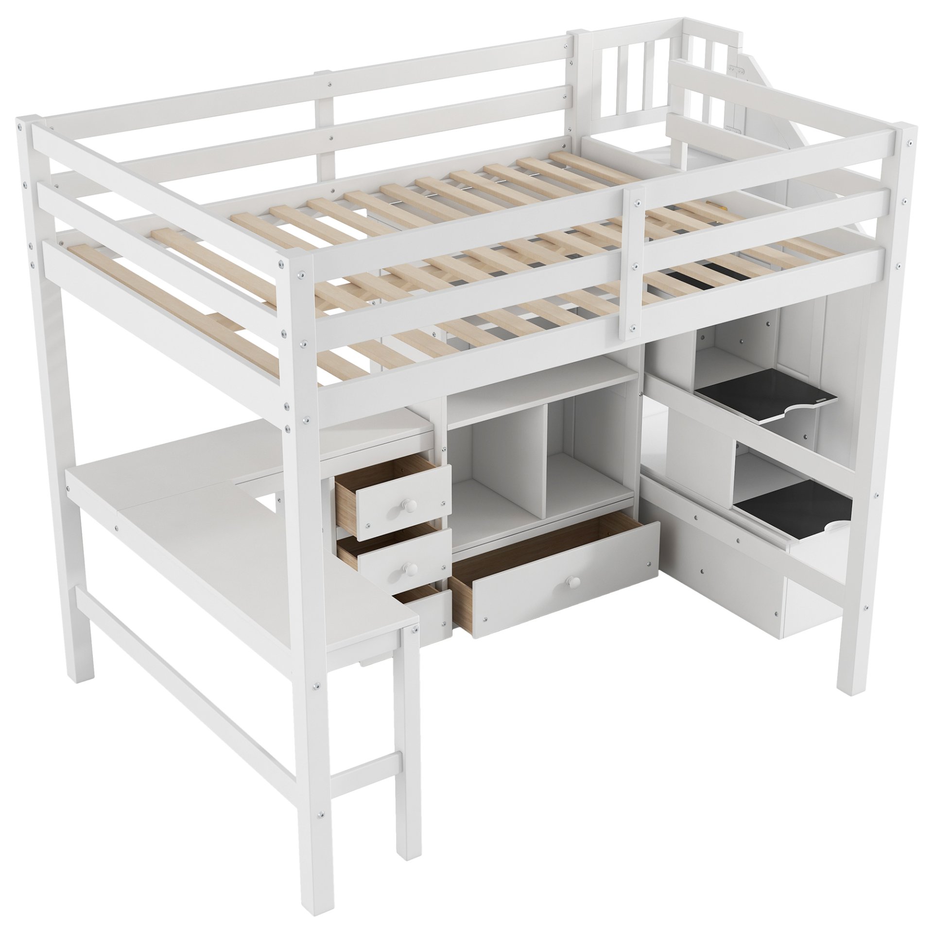 Full Size Loft Bed With L-Shaped Desk, Drawers, Cabinet, And Storage Staircase - White - Image 7