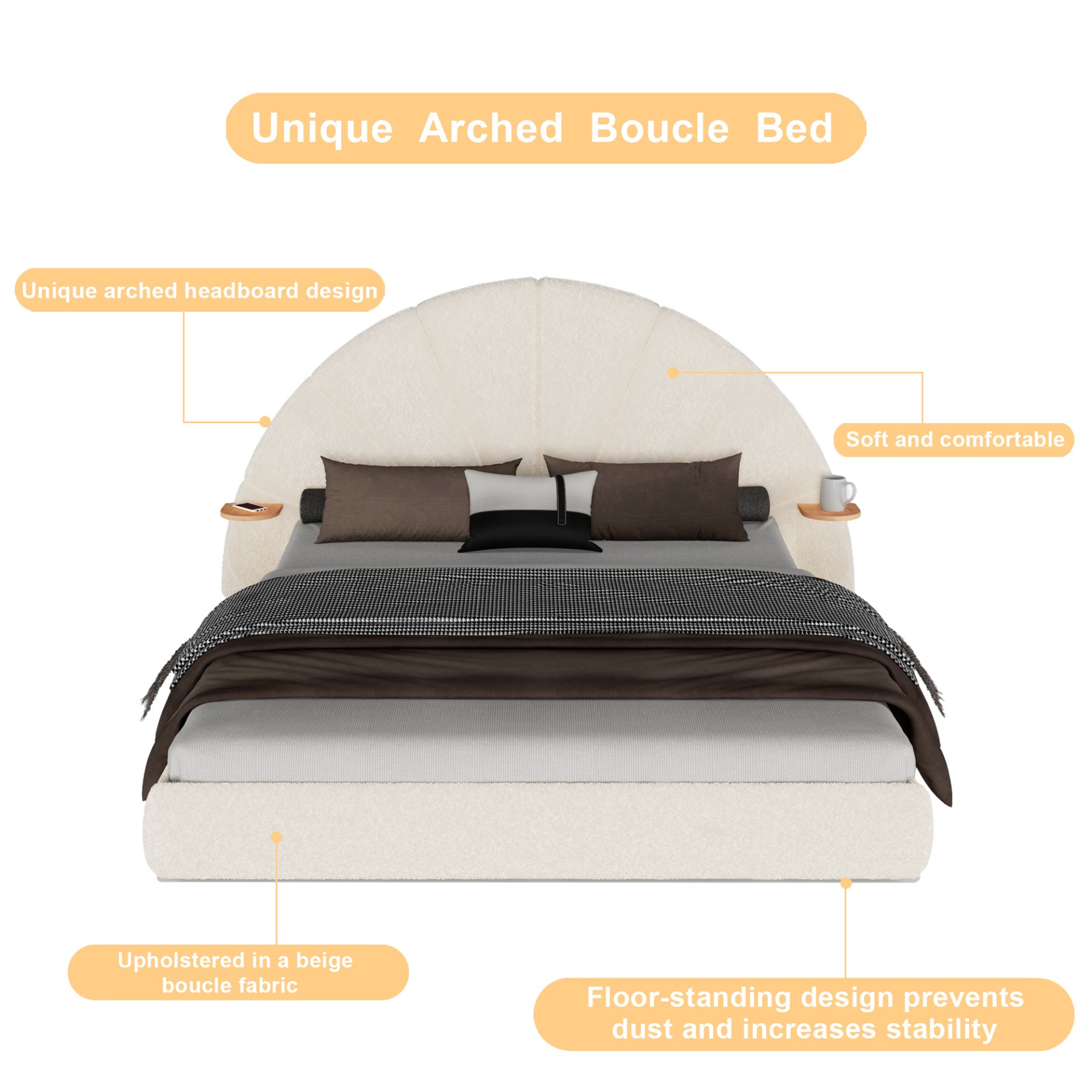 Queen Arched Bed With Small Table, Floor Standing Design - Beige - Image 6