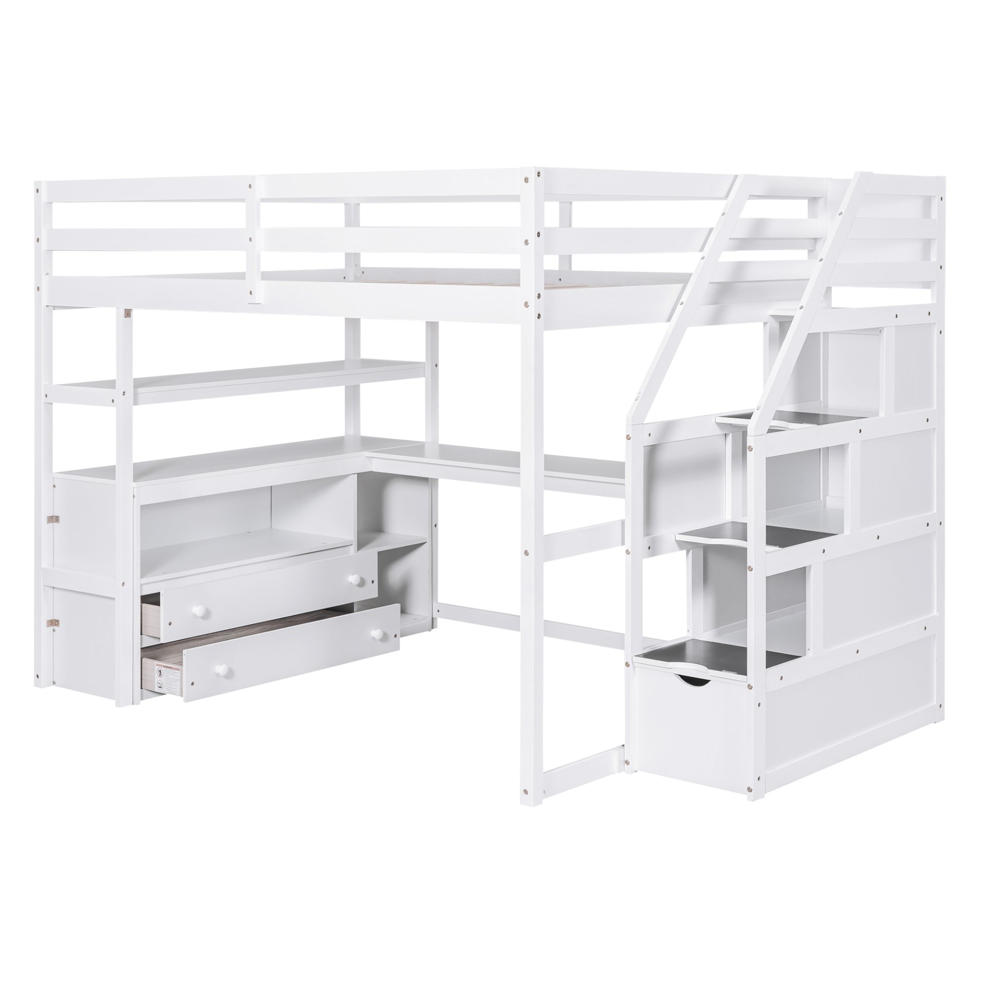 Full Size Loft Bed With Desk, Shelves, 2 Drawers, Storage Staircase - White - Image 6