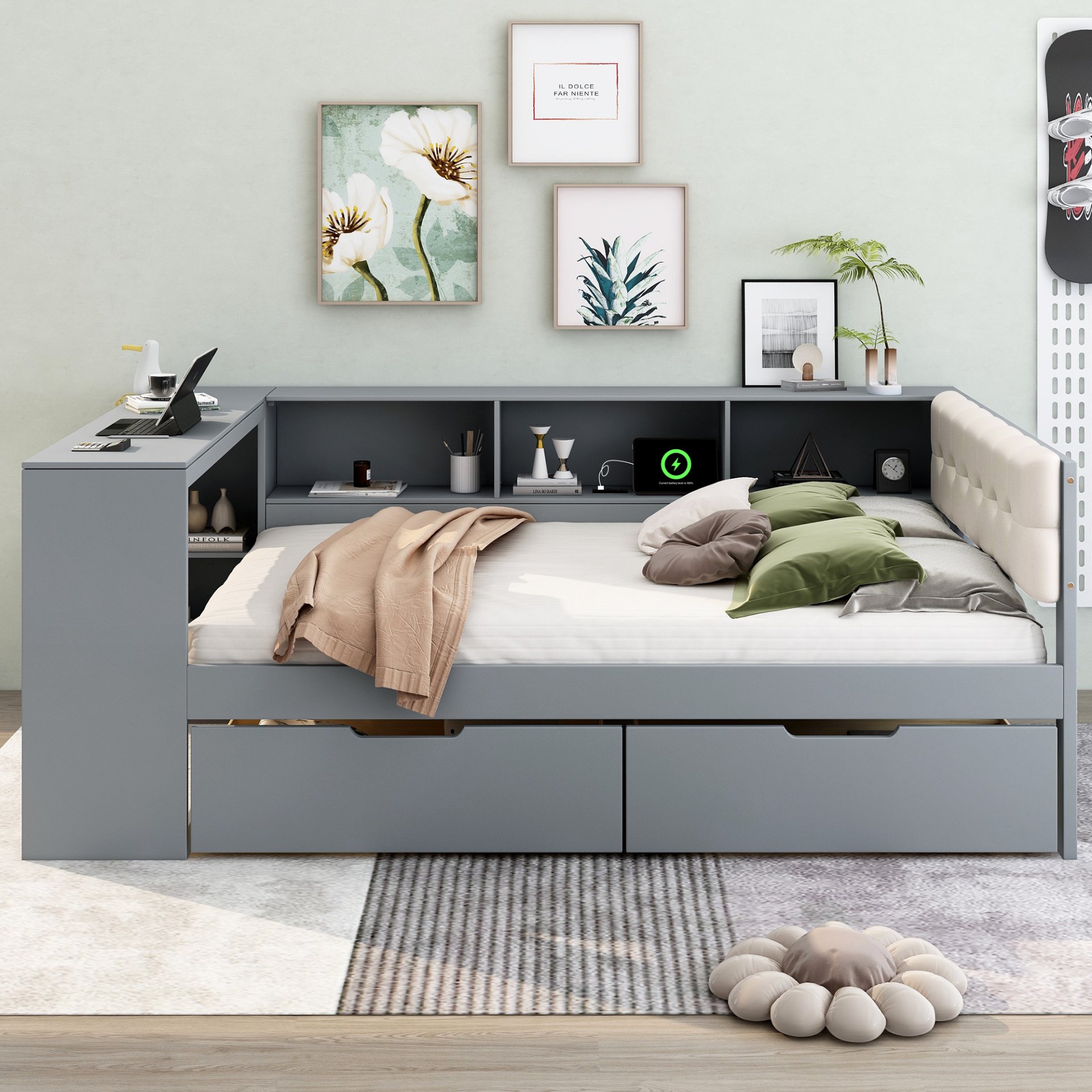 Upholstered Headboard Full Size Platform Bed With Storage Shelves, Drawers, Charging Station - Gray - Image 2