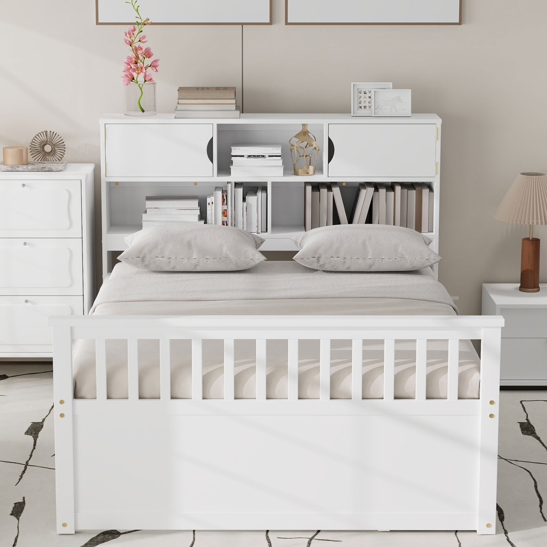 Full Size Captain Platform Bed Frame With Bookcase Headboard, Four Drawers, Storage Shelves - White - Image 6