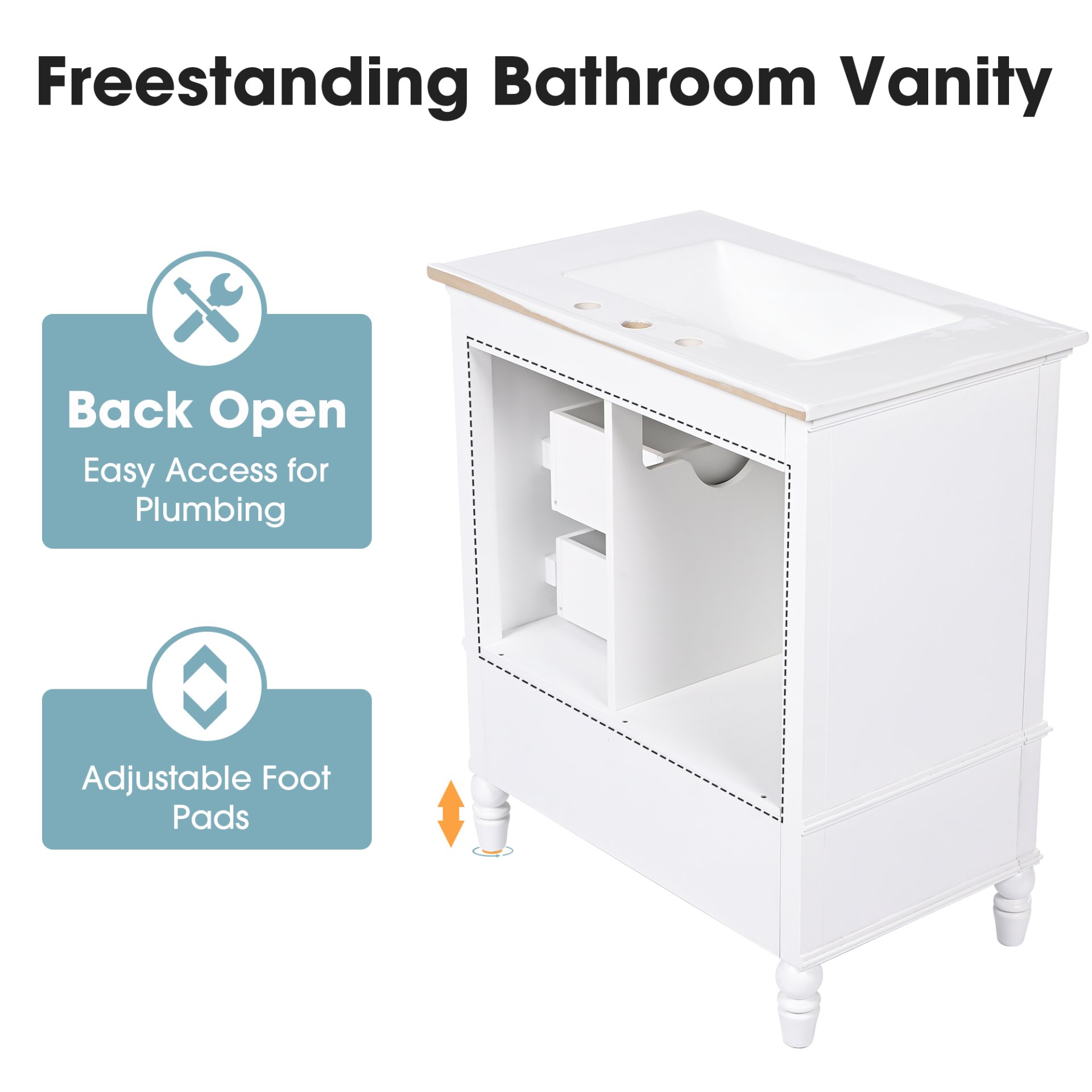 30" Bathroom Vanity With Sink, 3 Drawers, Adjustable Feet - White - Image 8