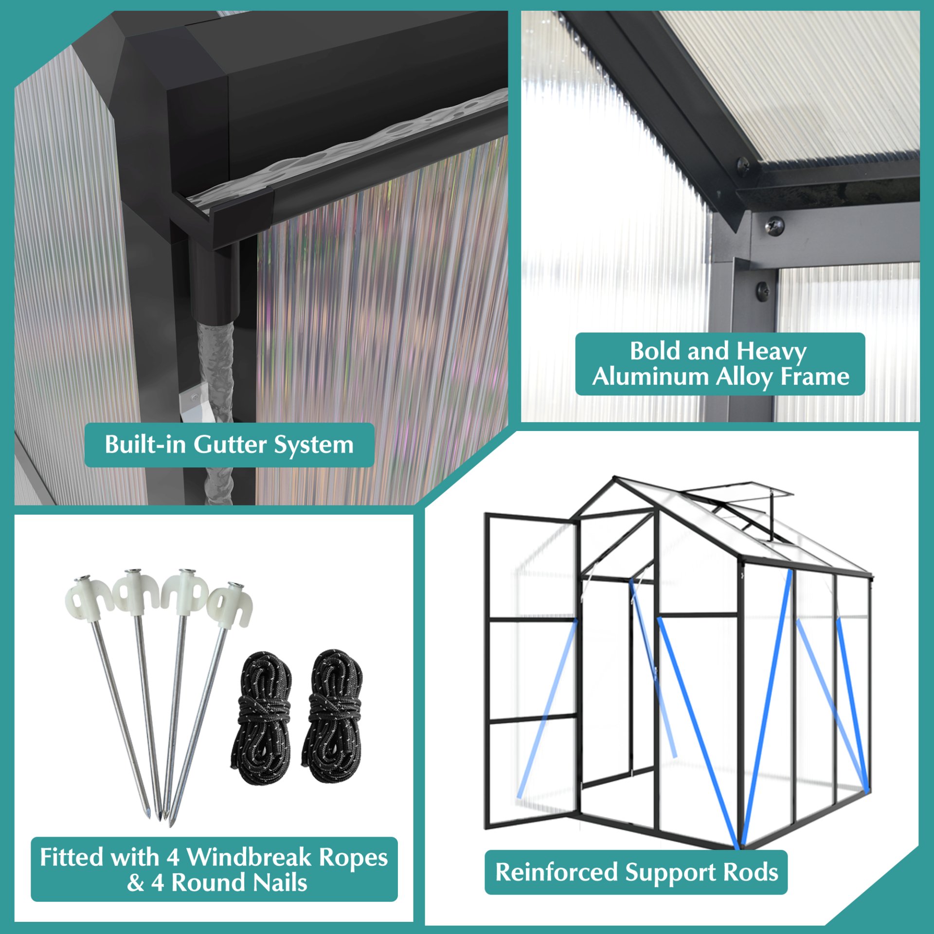 Gain Height Windproof Greenhouse 6 X 6 Ft Polycarbonate With Raised Base And Anchor Alloy Frame, All Season Outdoor Garden House - Black - Image 5