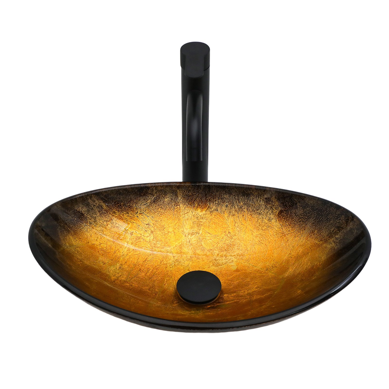 Veined Vessel Sink With Pop Up Drain, Boat Shape Bathroom Sink Above Counter - Gold - Image 8