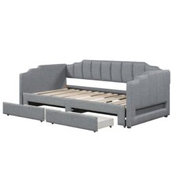 Twin Long To King Size Upholstered Extendable Daybed With LED Light And 2 Storage Drawers - Gray