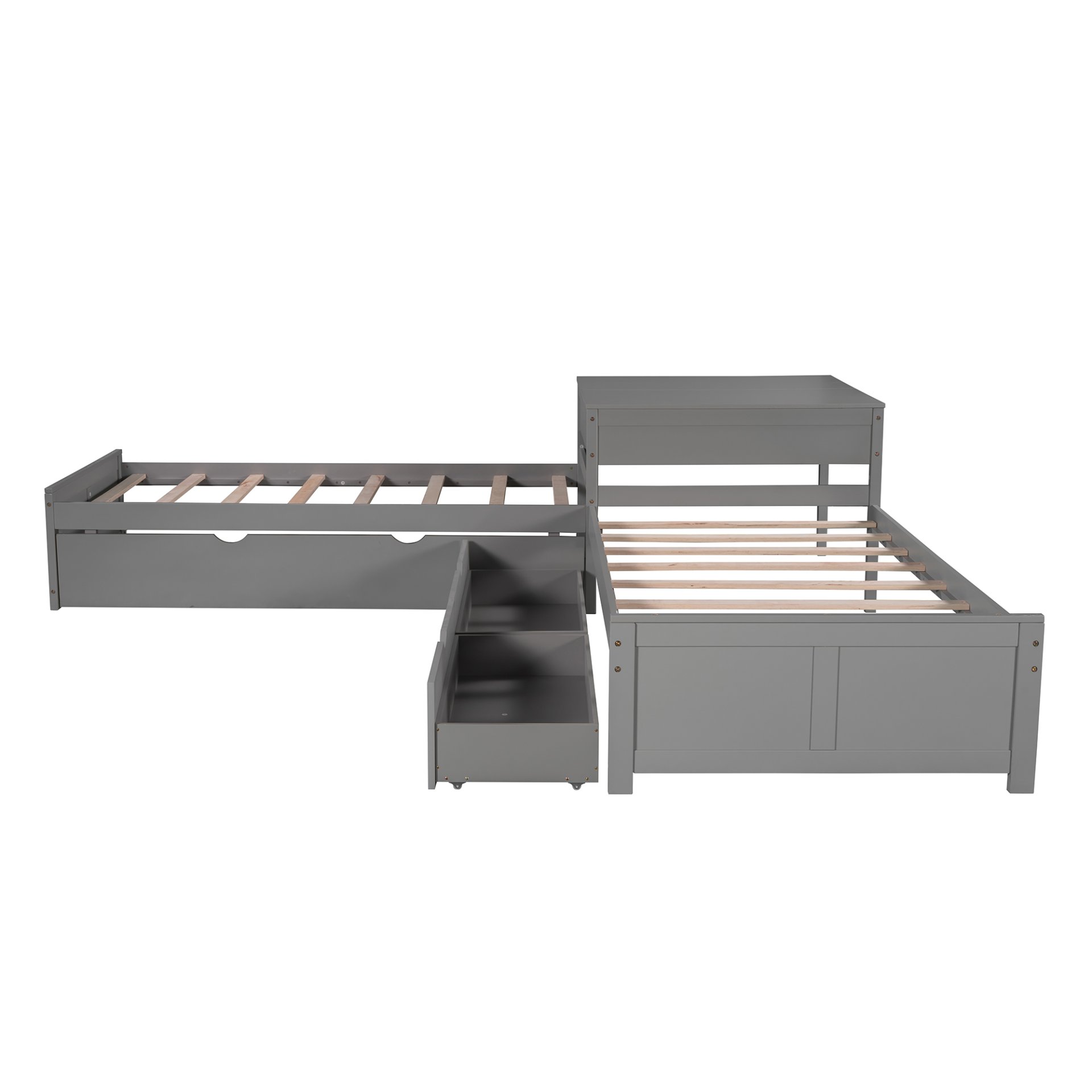 L-Shaped Platform Bed With Trundle And Drawers Linked With Built In Desk, Twin - Gray - Image 8
