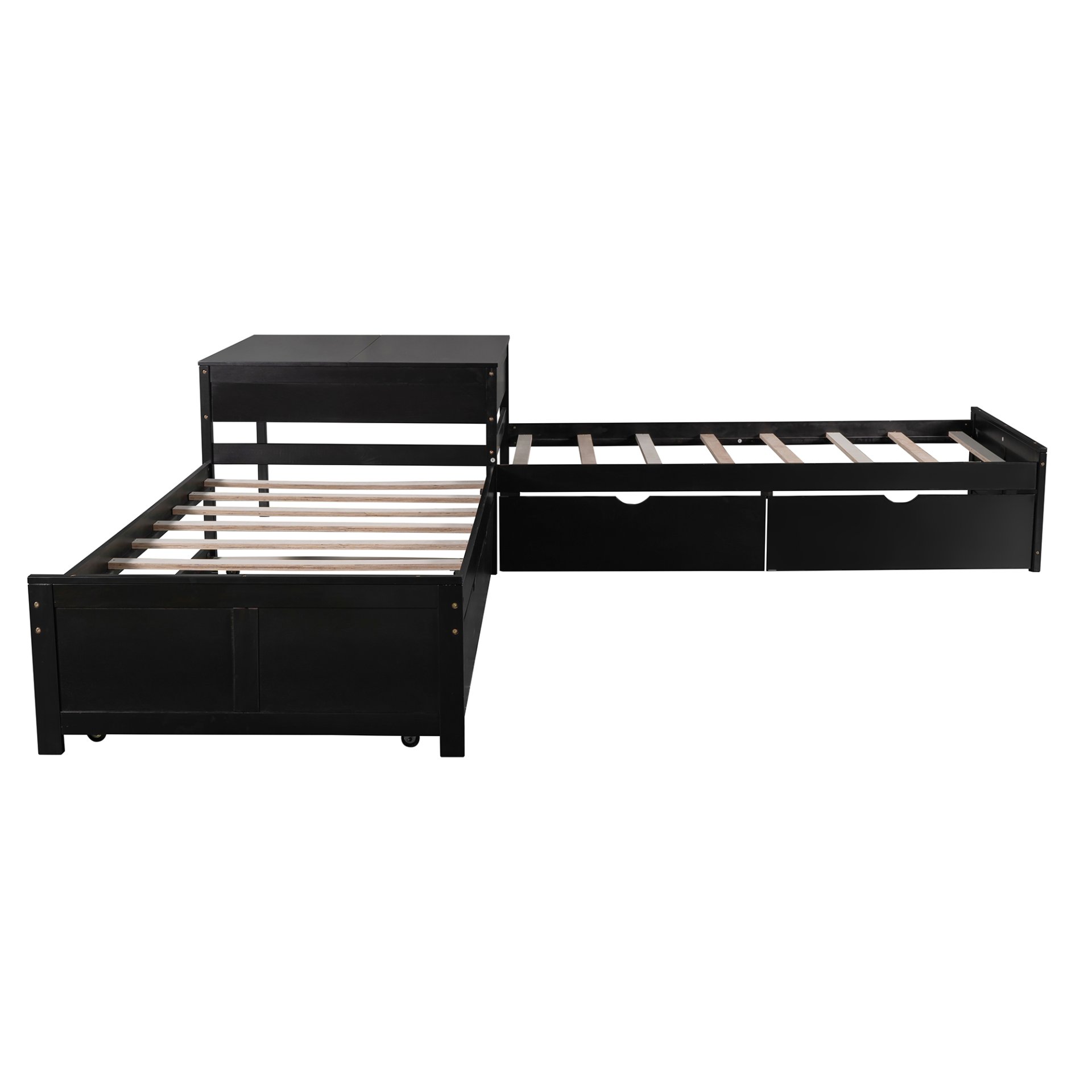 L-Shaped Platform Bed With Trundle And Drawers Linked With Built In Desk, Twin - Espresso - Image 12