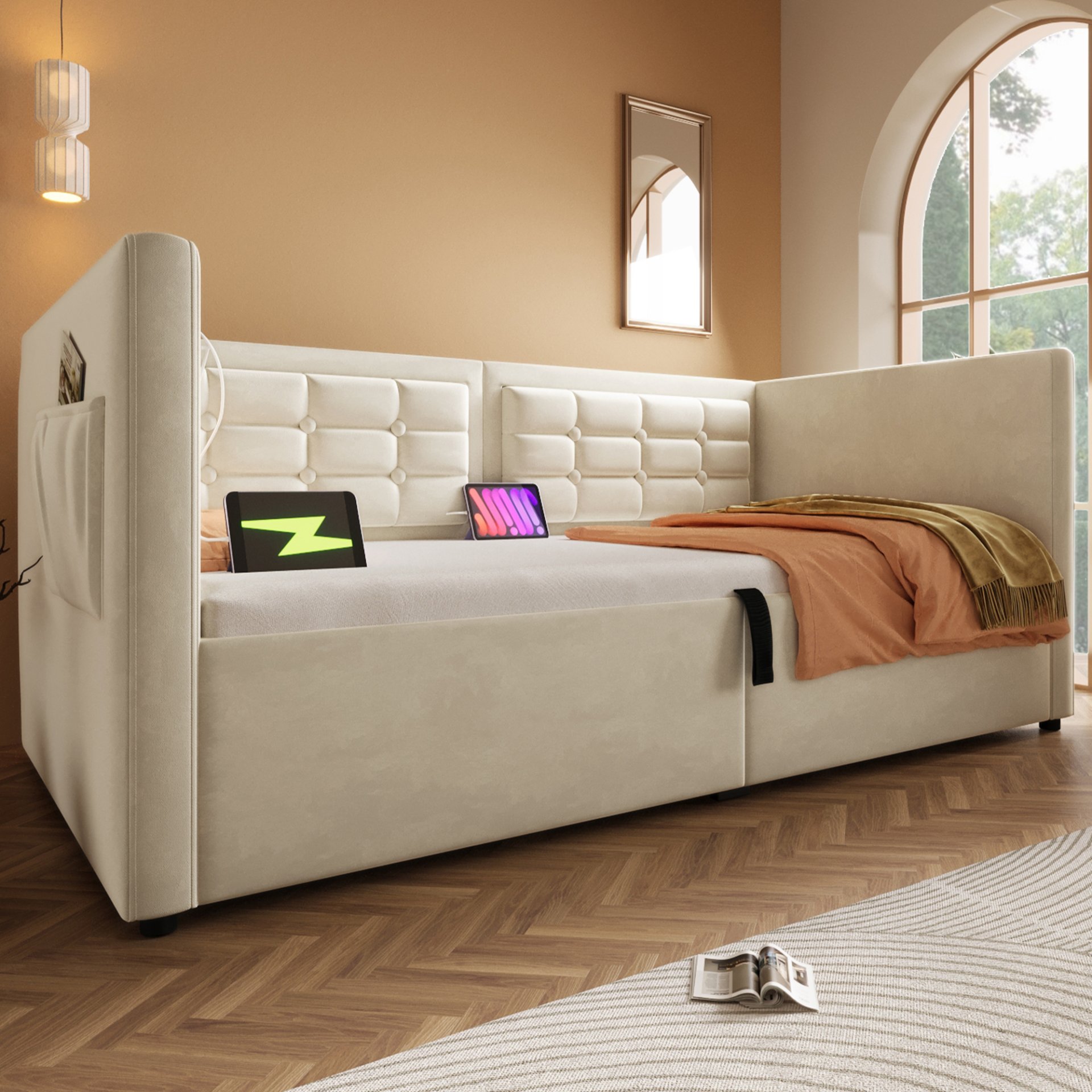Twin Size Upholstered Hydraulic Storage Daybed With USB & Type C Charging - Beige - Image 13