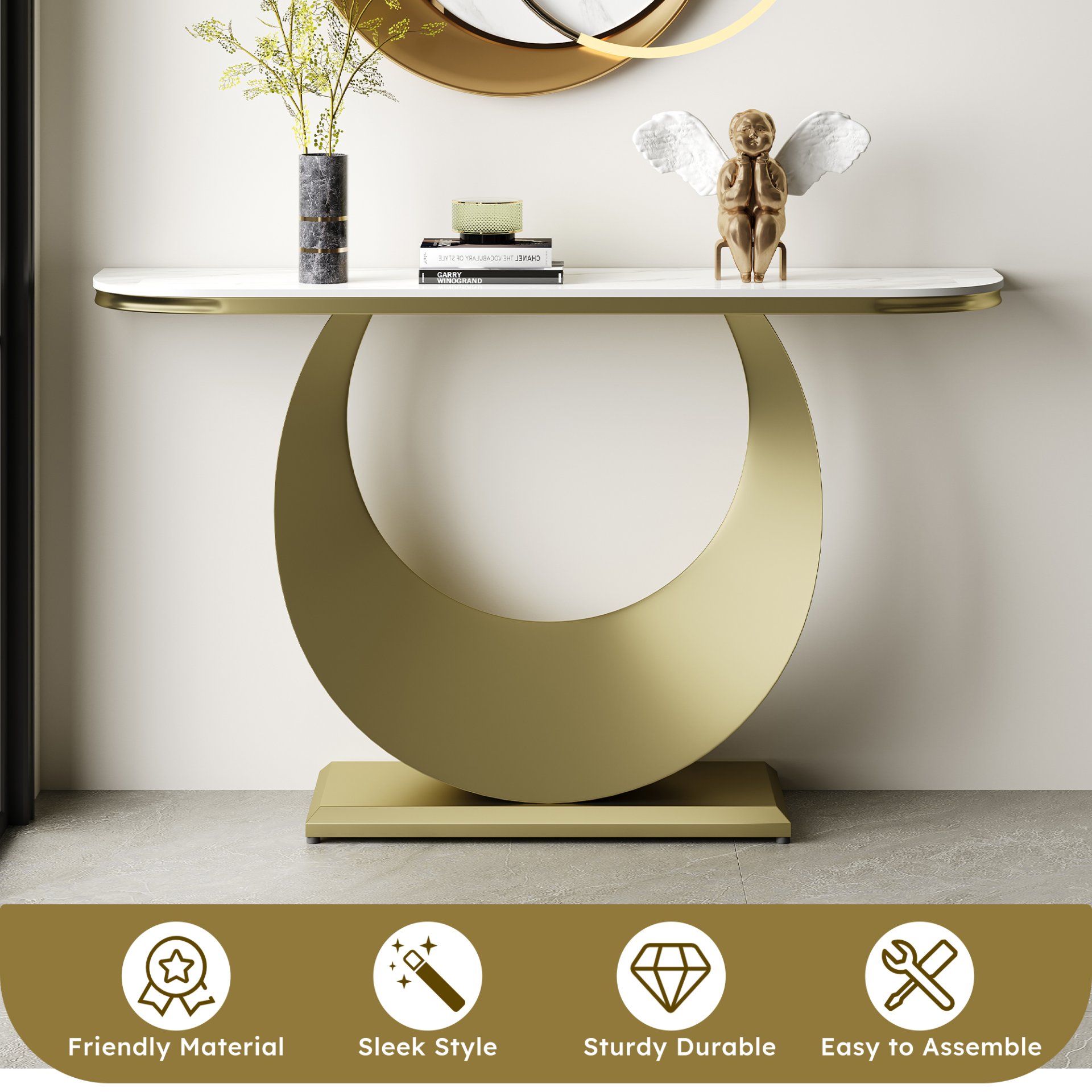Half Console Table For Hallway - Gold / White - Image 9