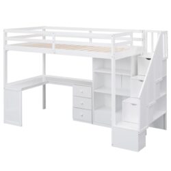 Twin Size Loft Bed With L-Shaped Desk, Drawers, Cabinet And Storage Staircase - White