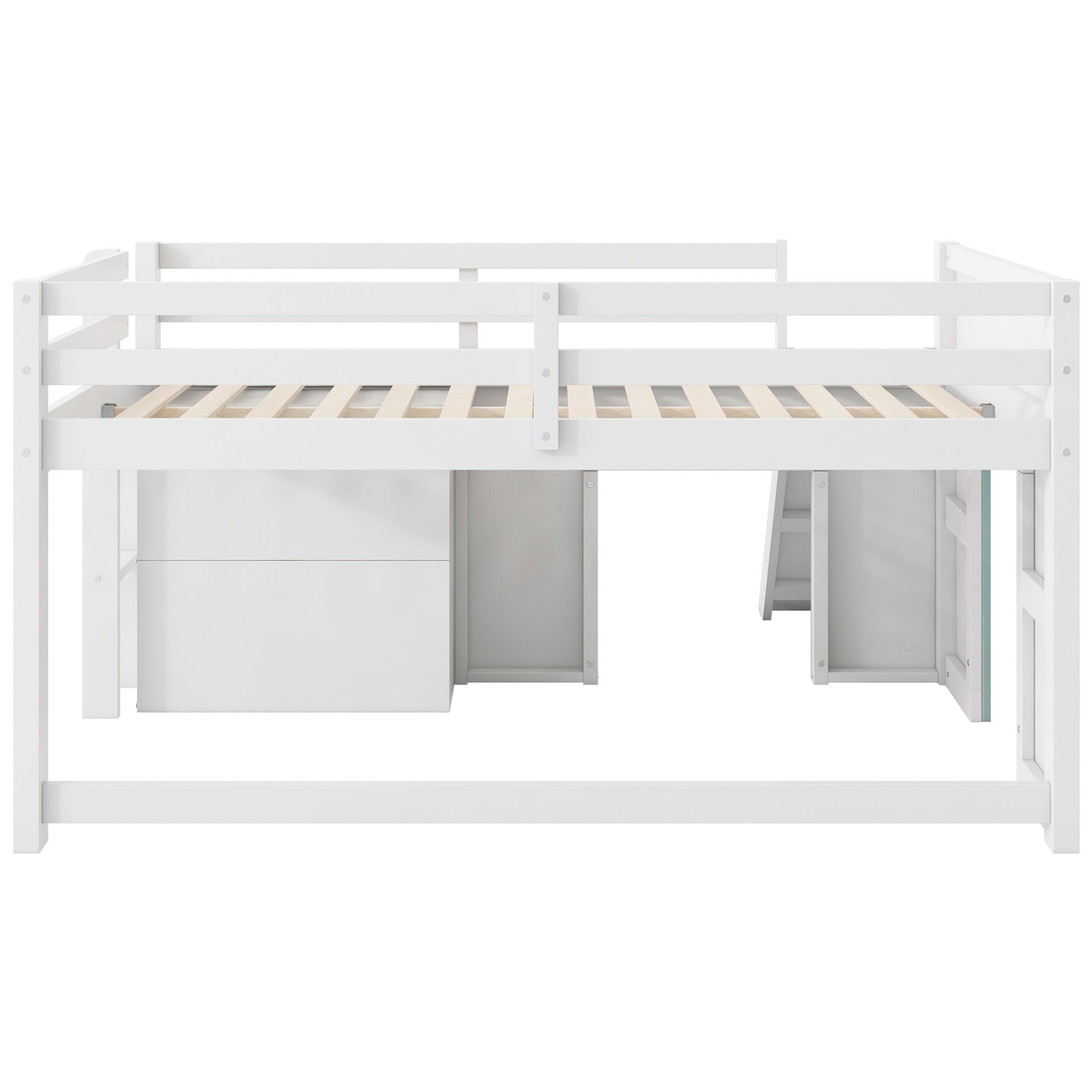 Full Size Low Loft Bed With Slide, Three Storage Drawers, And 2 Doors - White - Image 9