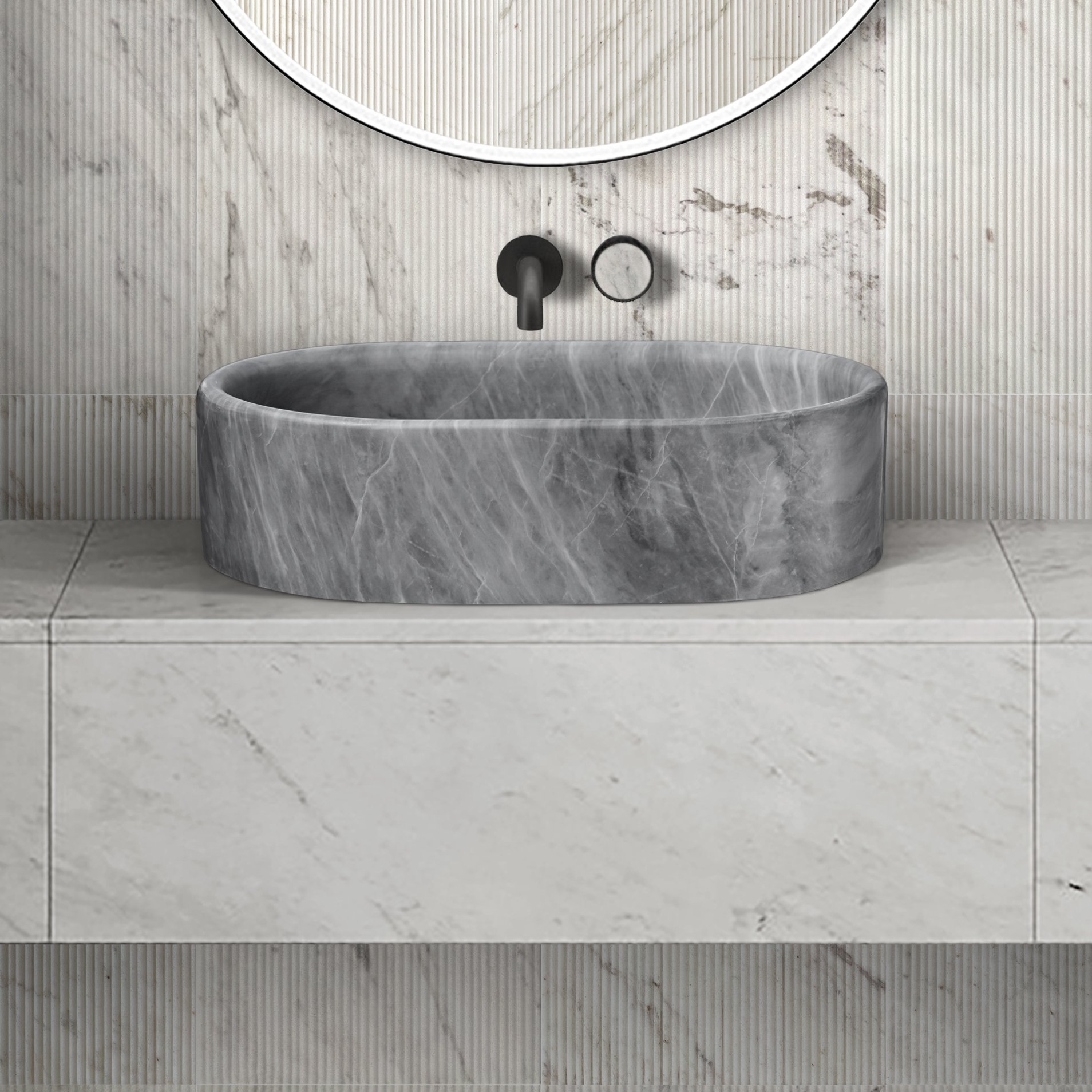 Vessel Sink, Semi Polished Surface, Genuine Real Marble, Oval Shape - Gray - Image 3
