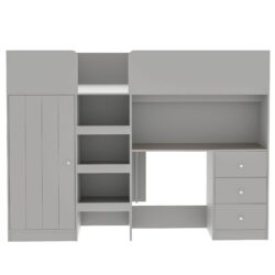 Full Size Loft Bed With Built In Wardrobe, Desk, Shelves, And Drawers - Gray