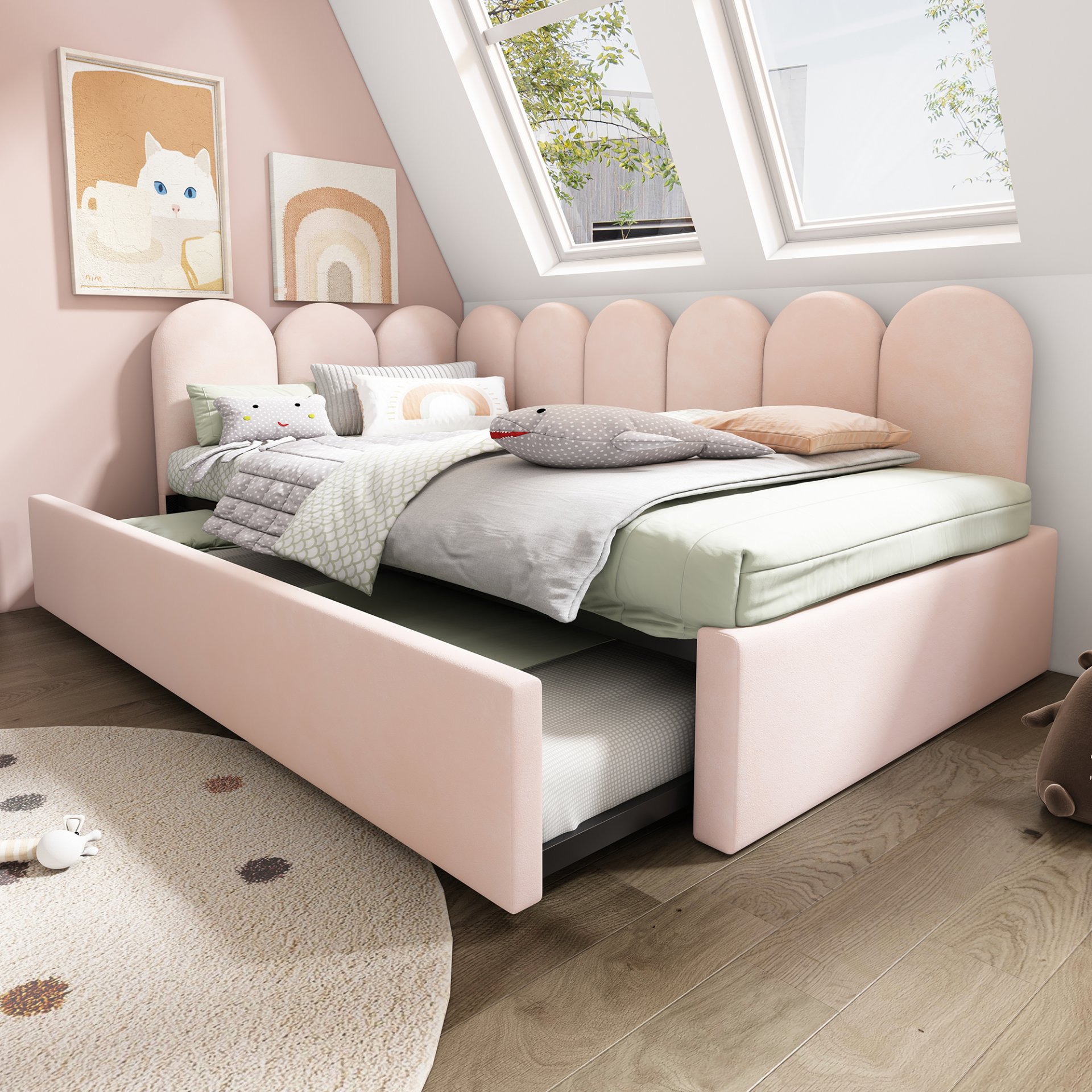 Twin Size Sofa L-Shaped Daybed With Pull Out Twin Bed - Pink - Image 9