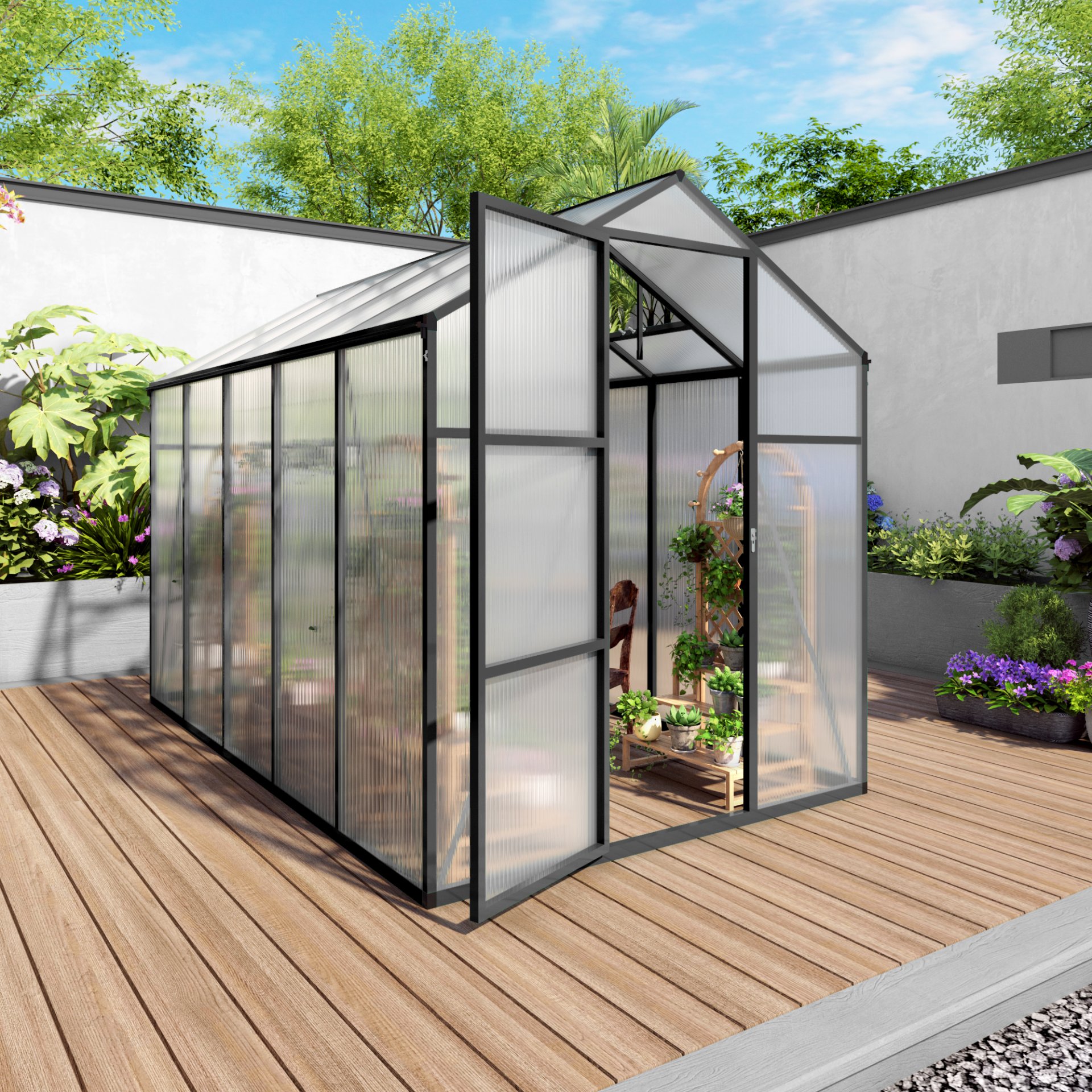 Gain Height Windproof Greenhouse 6 X 10 Ft Polycarbonate With Raised Base And Anchor Alloy Frame, All Season Outdoor Garden Structure - Black - Image 2