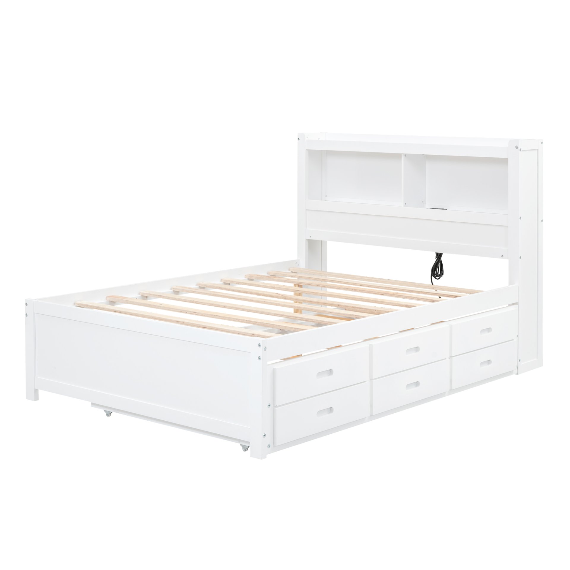 Full Size Platform Bed With Trundle, Drawers, USB Ports And Built In Shelves - White - Image 8