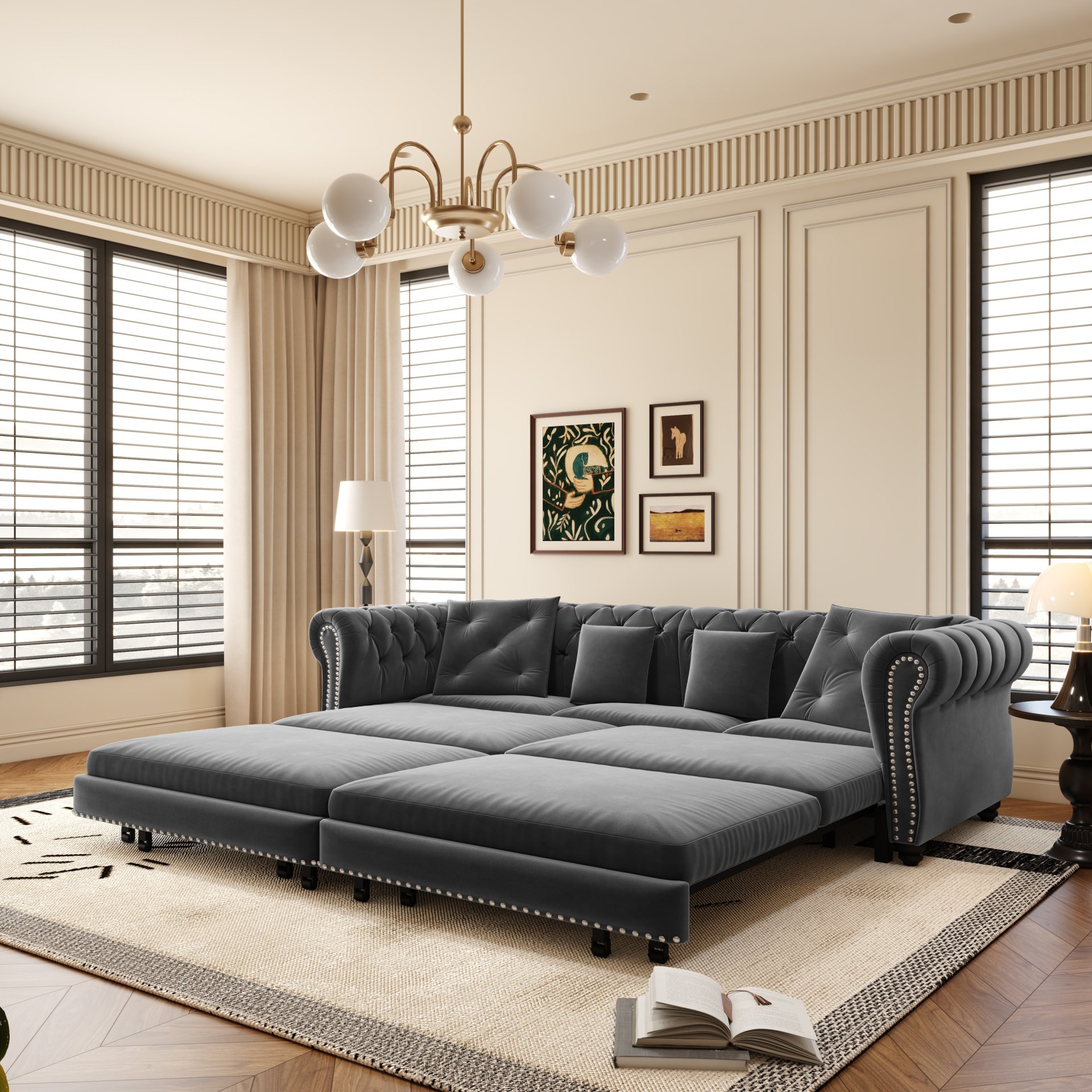 3 In 1 Pull Out Sofa Bed, Convertible Sleeper Sofa Bed, 3 Seater Sofa With Movable Ottoman - Gray - Image 10