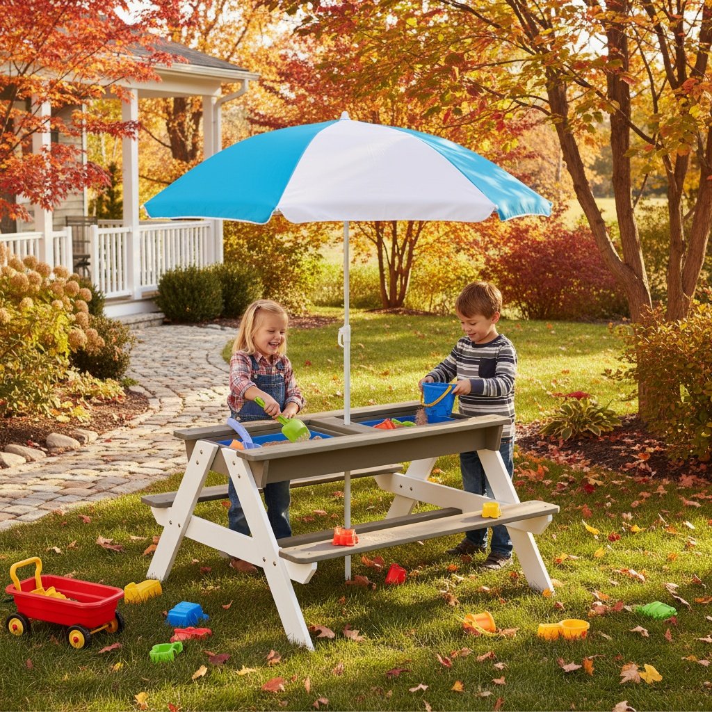 Wooden Kids Picnic Table, Sand And Water Table With Umbrella, Activity Table For Outdoor Backyard Patio Play - White / Gray - Image 7