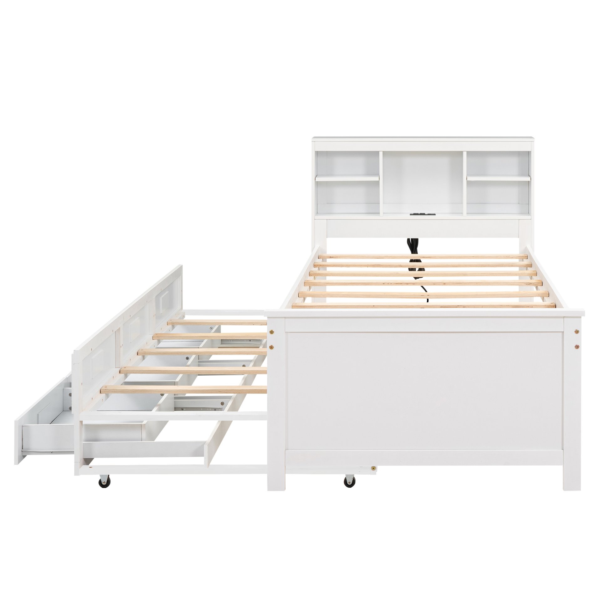 Twin Size Platform Bed With Storage Headboard, USB, Trundle And 3 Drawers - White - Image 11