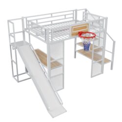 Full Size Loft Bed With Built In Desk, Open Wardrobe, Basketball Hoop, Slide And Staircase - White