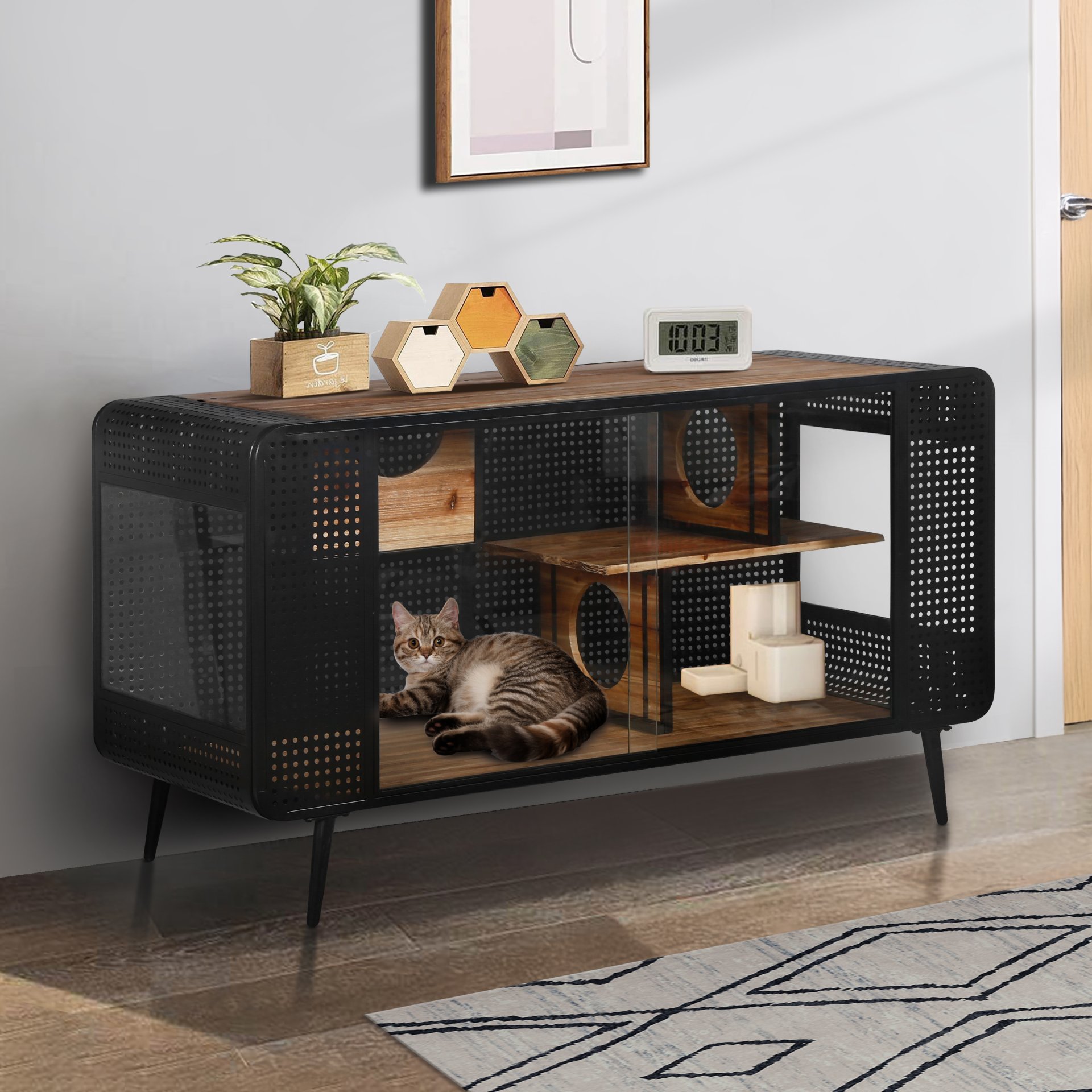 Modern Spacious Cat House With Tempered Glass And Iron Frame For Living Room - Black / Brown - Image 4