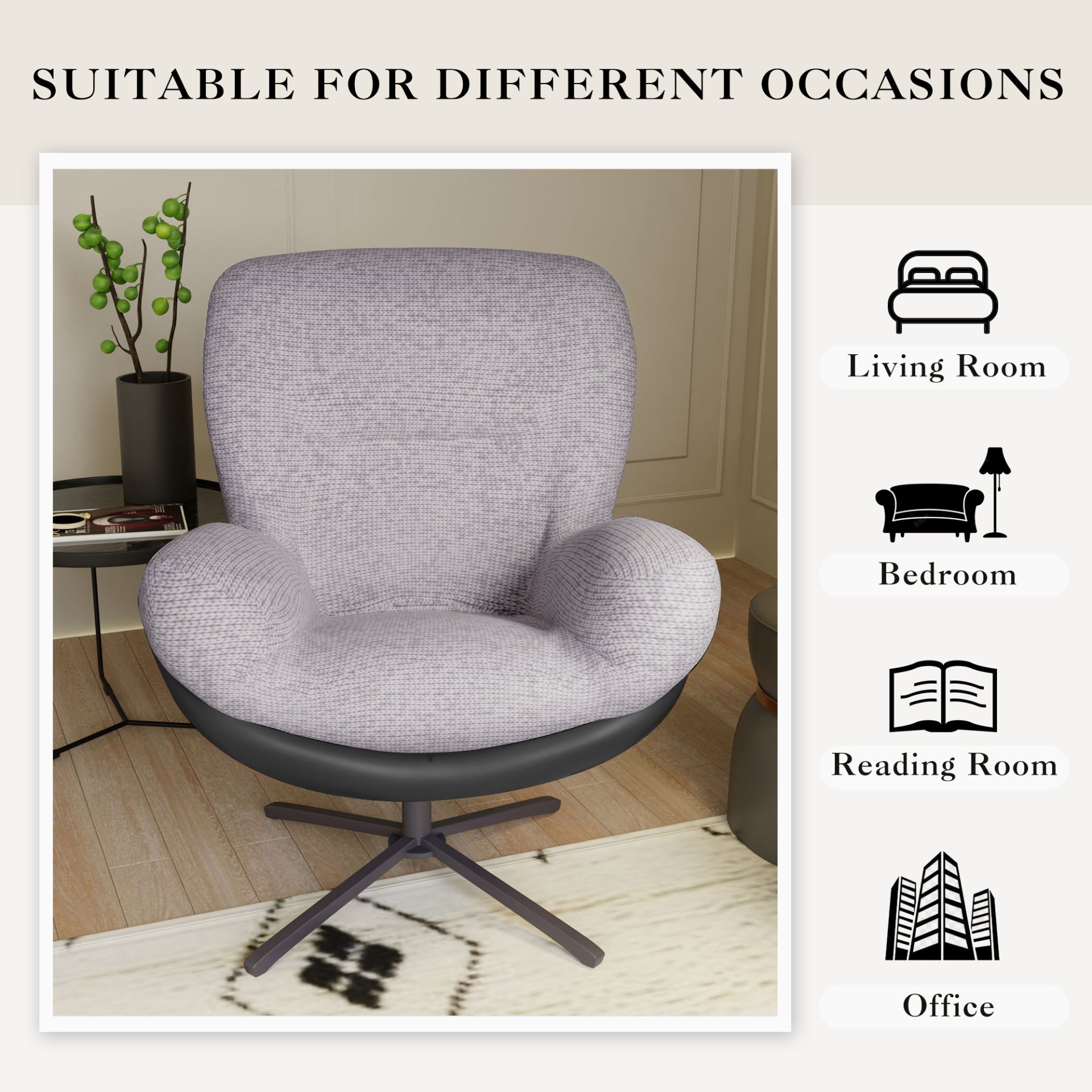 360° Swivel Office Chair, Modern Chenille Chair With And Metal Base Frame, No Wheels, Accent Chair - Gray - Image 10