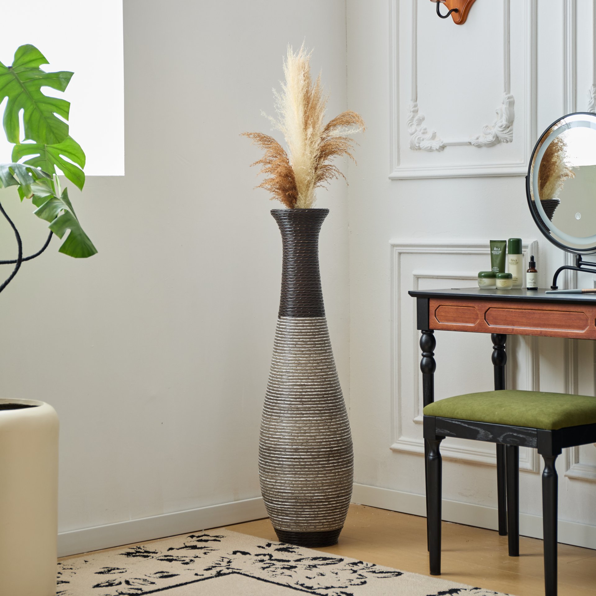 Tall Standing Designer Floor Vase Durable Artificial Rattan Elegant 2 Tone Finish Ideal Decor Accent For Living Room, Bedroom, Entryway Stylish Home Decor Statement Piece - Black / Gray - Image 12